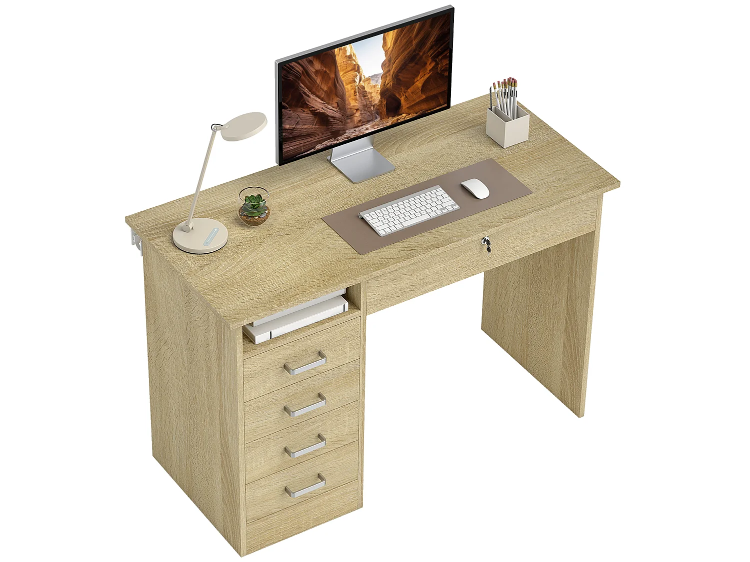 Bureau informatique multimédia multi-rangement 5 tiroirs niche 110L x 50l x 76H cm naturel