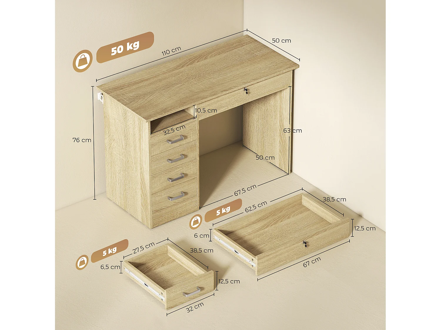 Bureau informatique multimédia multi-rangement 5 tiroirs niche 110L x 50l x 76H cm naturel