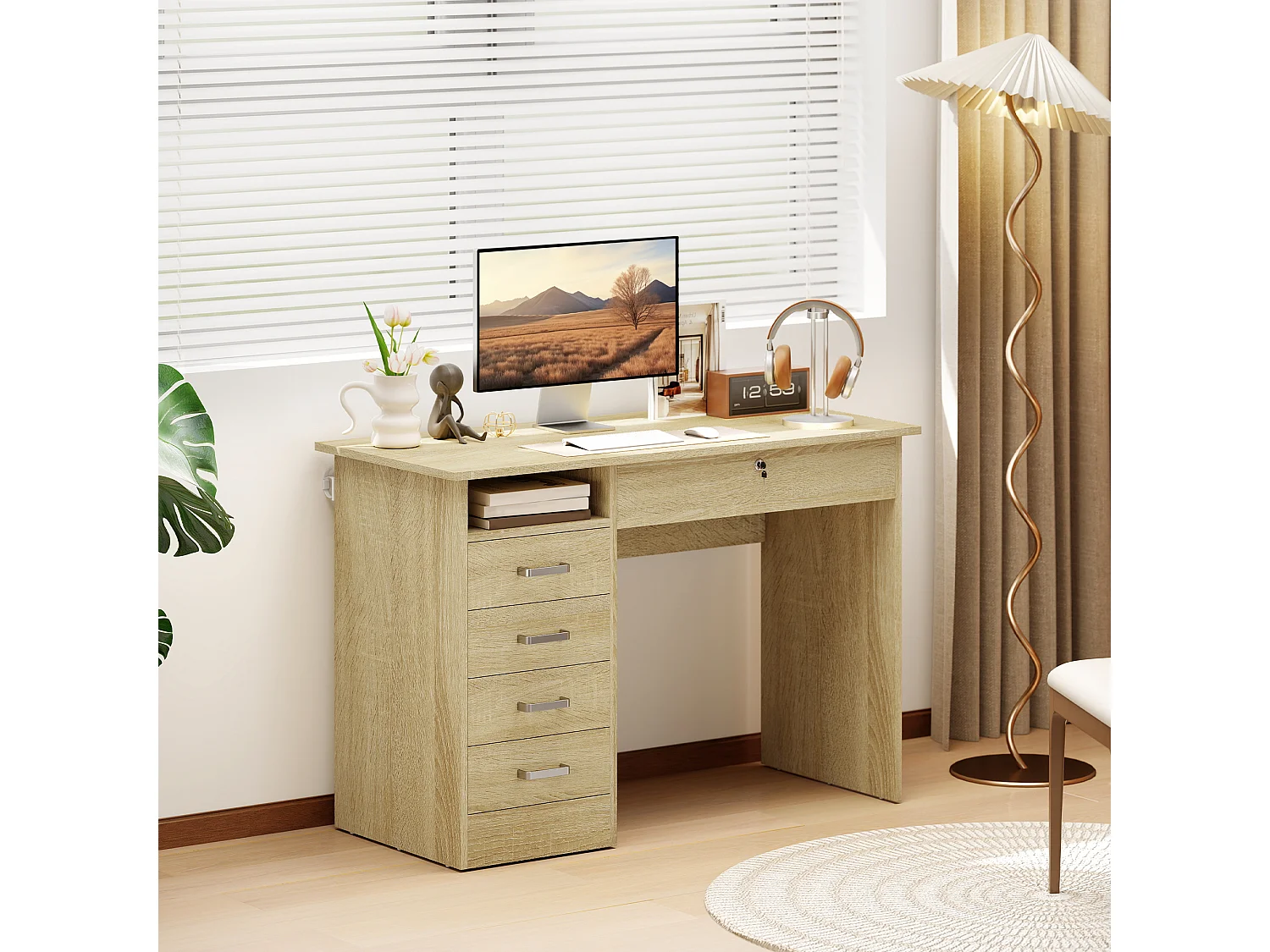 Bureau informatique multimédia multi-rangement 5 tiroirs niche 110L x 50l x 76H cm naturel