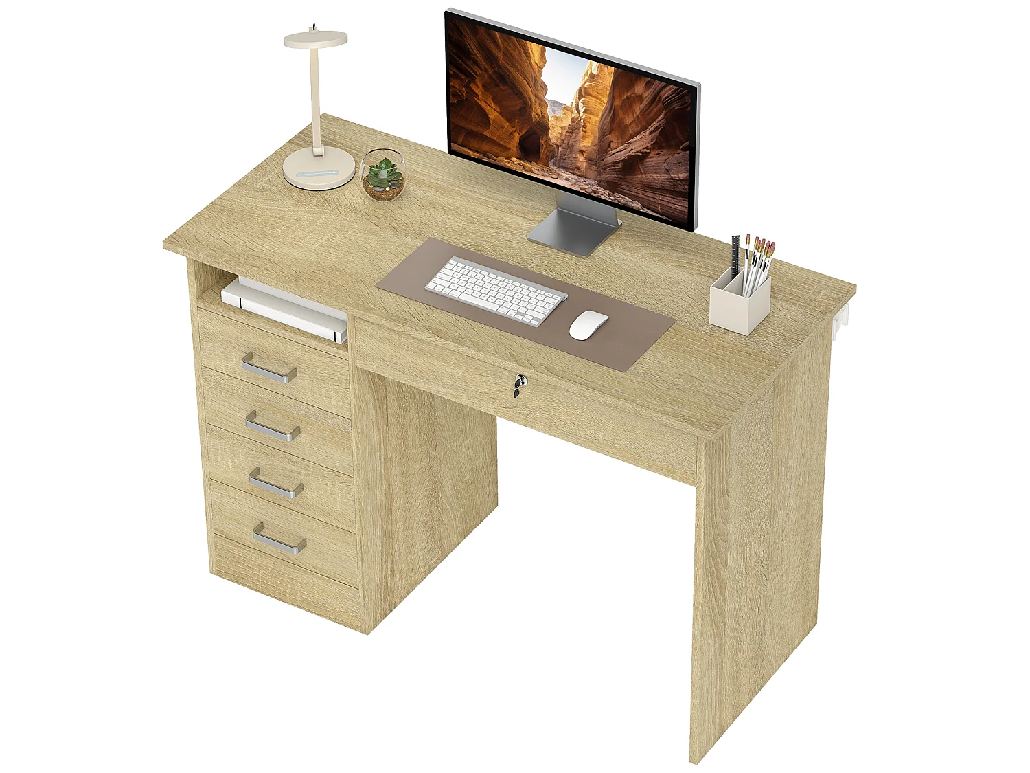 Bureau informatique multimédia multi-rangement 5 tiroirs niche 110L x 50l x 76H cm naturel
