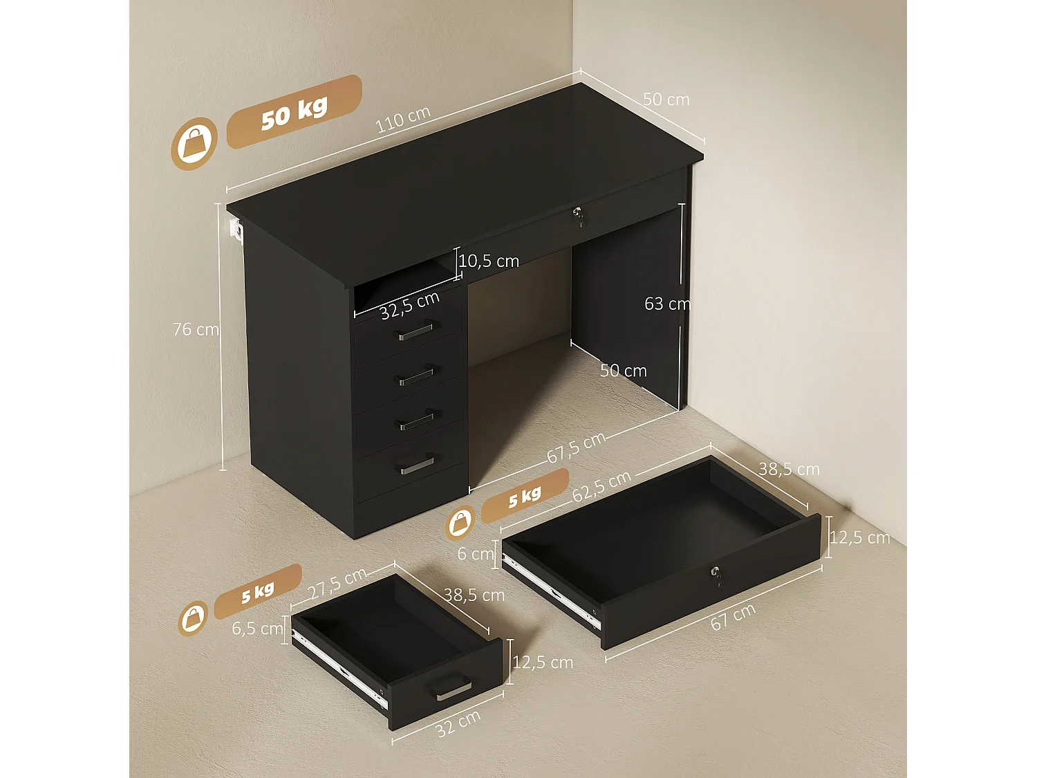 Bureau informatique multimédia multi-rangement 5 tiroirs niche 110L x 50l x 76H cm noir