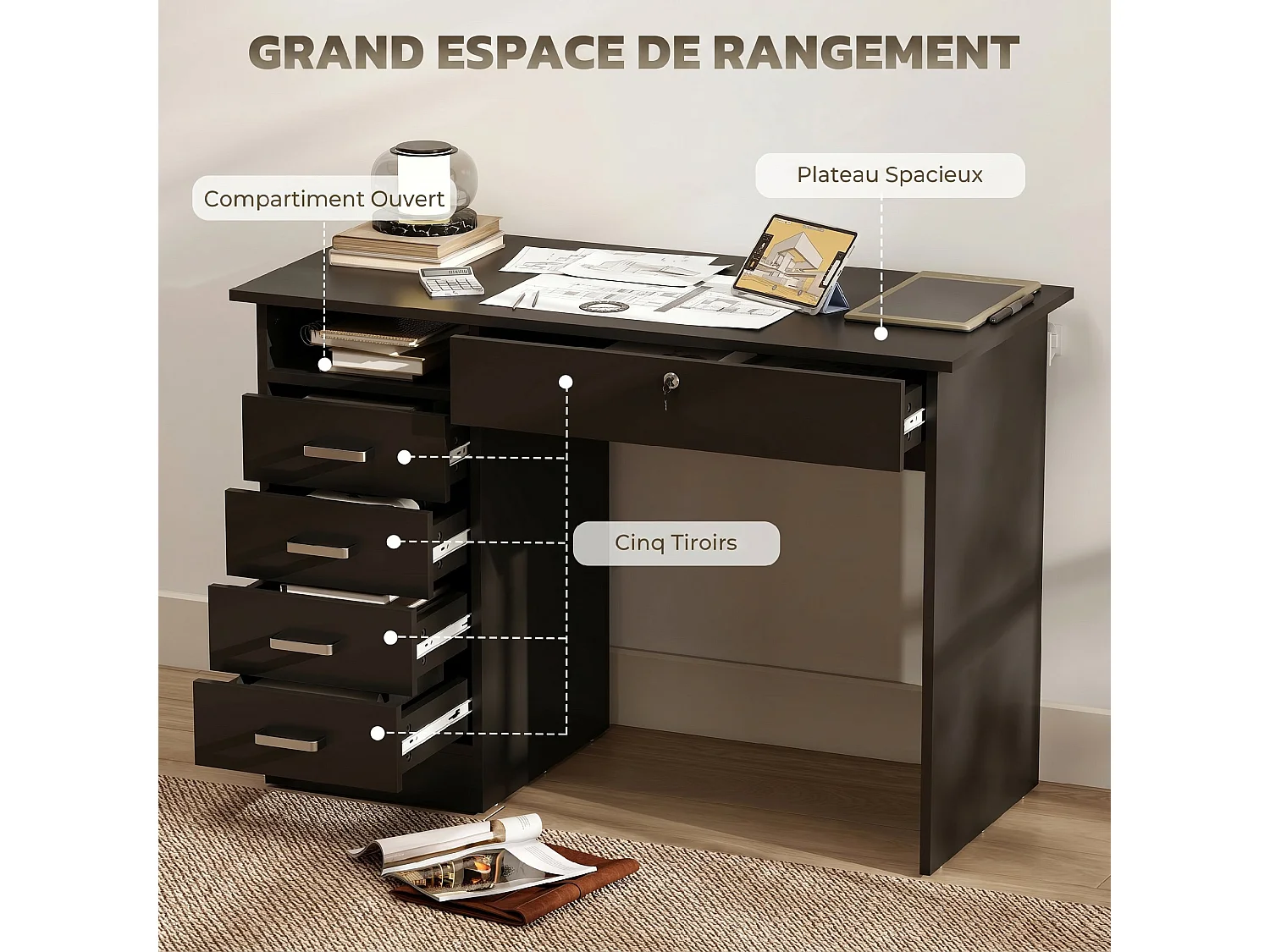 Bureau informatique multimédia multi-rangement 5 tiroirs niche 110L x 50l x 76H cm noir