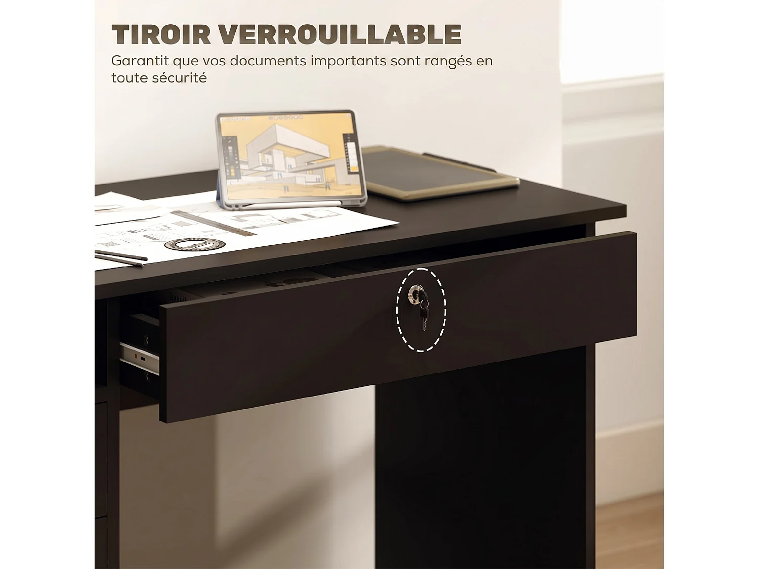 Bureau informatique multimédia multi-rangement 5 tiroirs niche 110L x 50l x 76H cm noir
