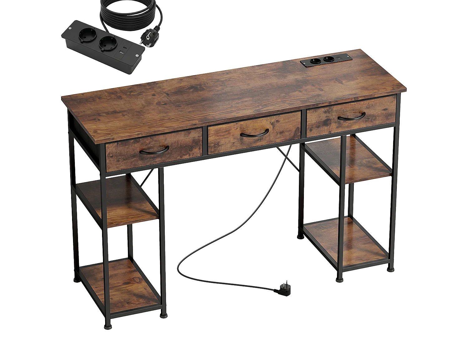 Bureau informatique multi-rangement total 4 prises acier tissu effet bois vieilli