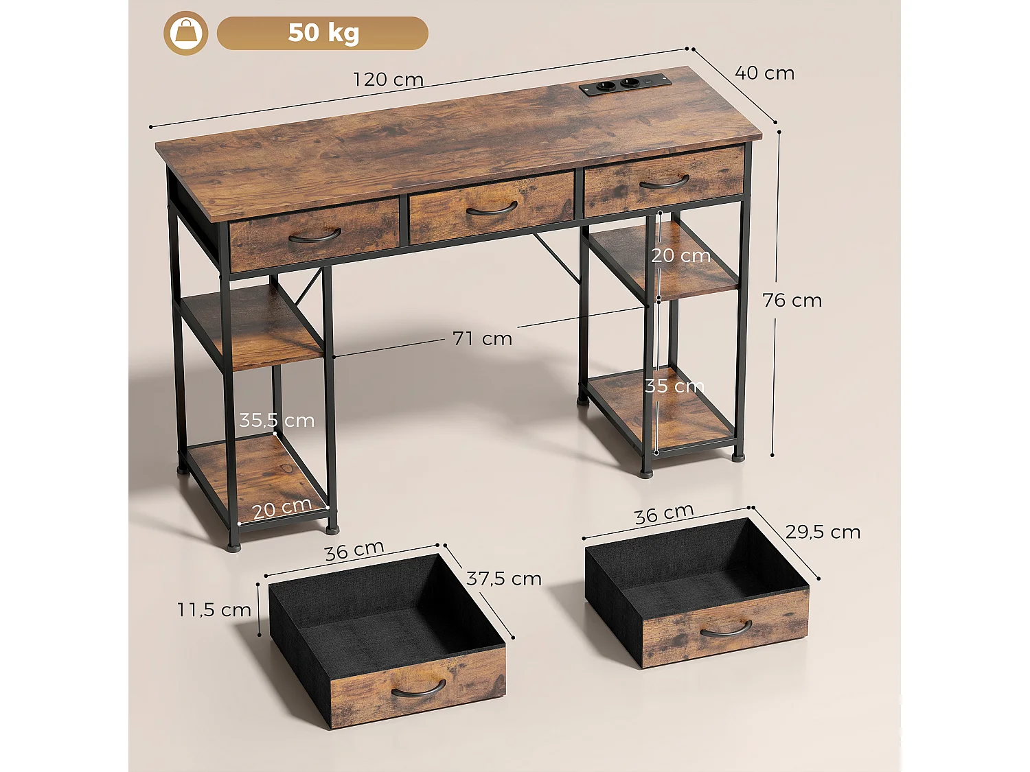 Bureau informatique multi-rangement total 4 prises acier tissu effet bois vieilli