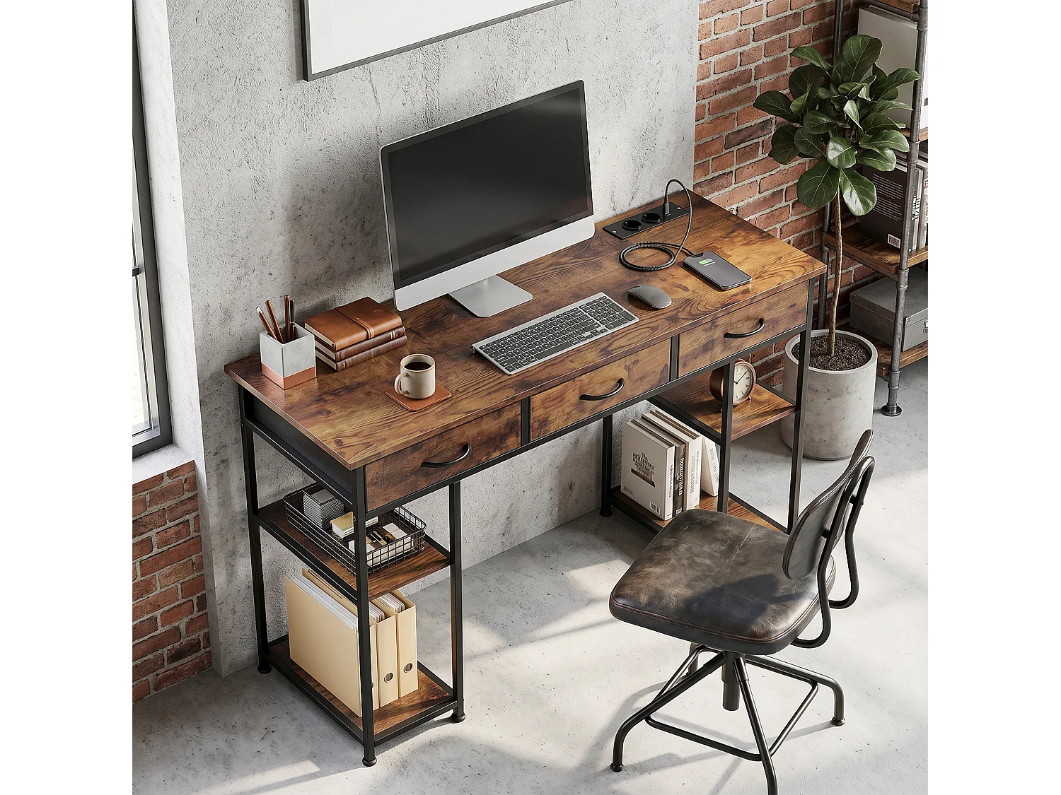 Bureau informatique multi-rangement total 4 prises acier tissu effet bois vieilli