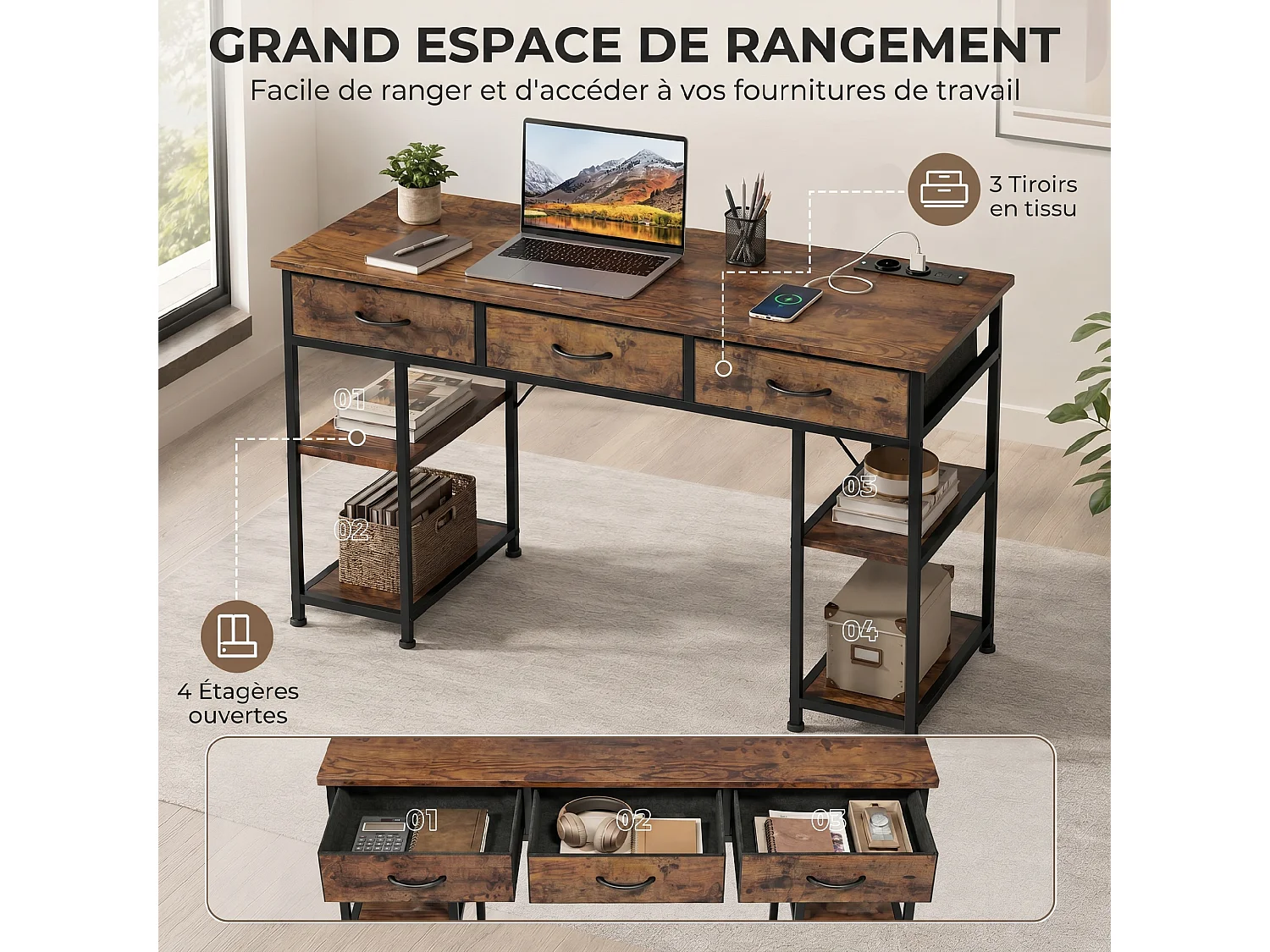 Bureau informatique multi-rangement total 4 prises acier tissu effet bois vieilli