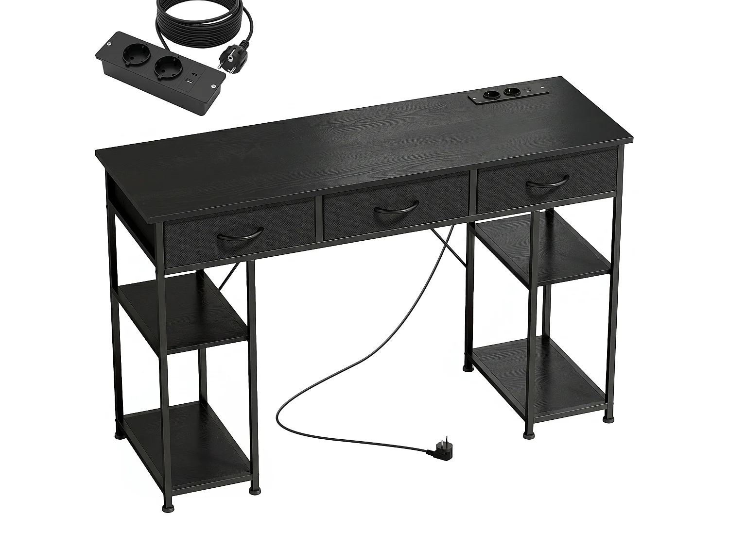 Bureau informatique multi-rangement total 4 prises acier tissu effet bois noir
