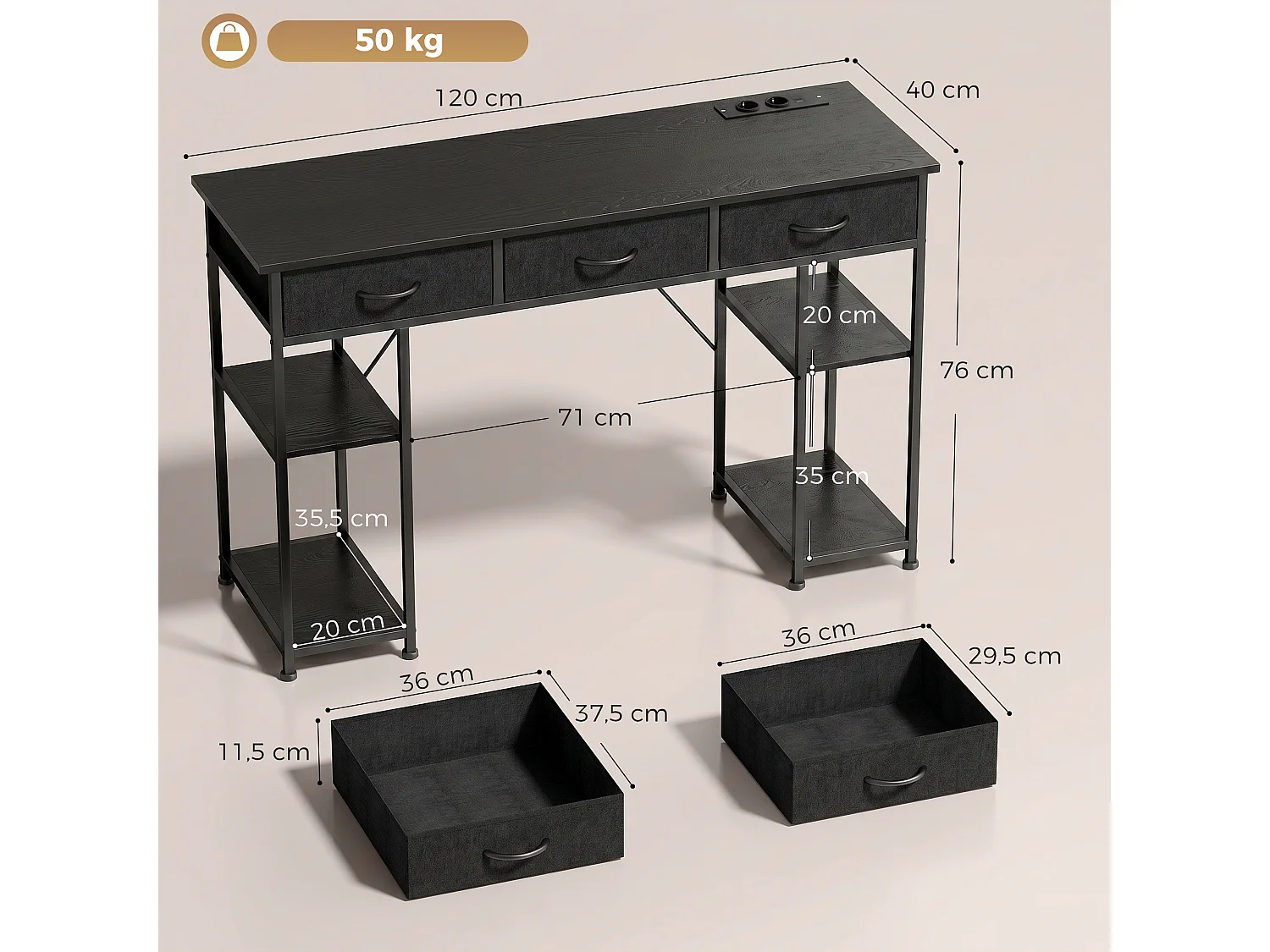 Bureau informatique multi-rangement total 4 prises acier tissu effet bois noir