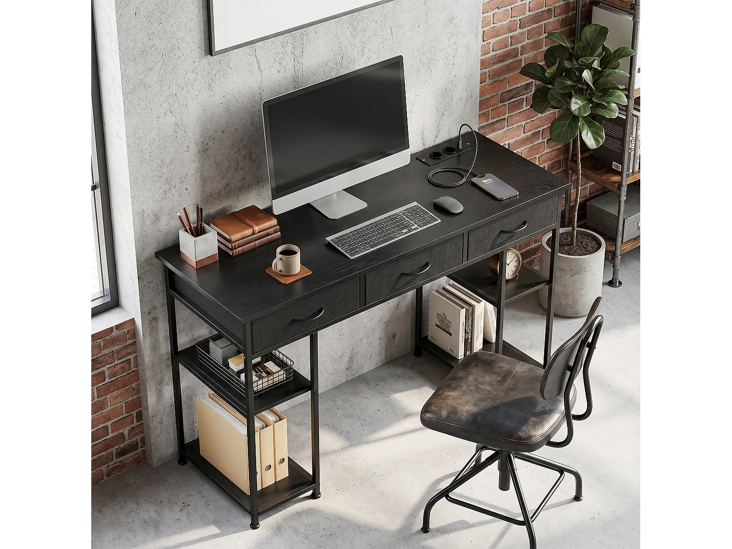 Bureau informatique multi-rangement total 4 prises acier tissu effet bois noir