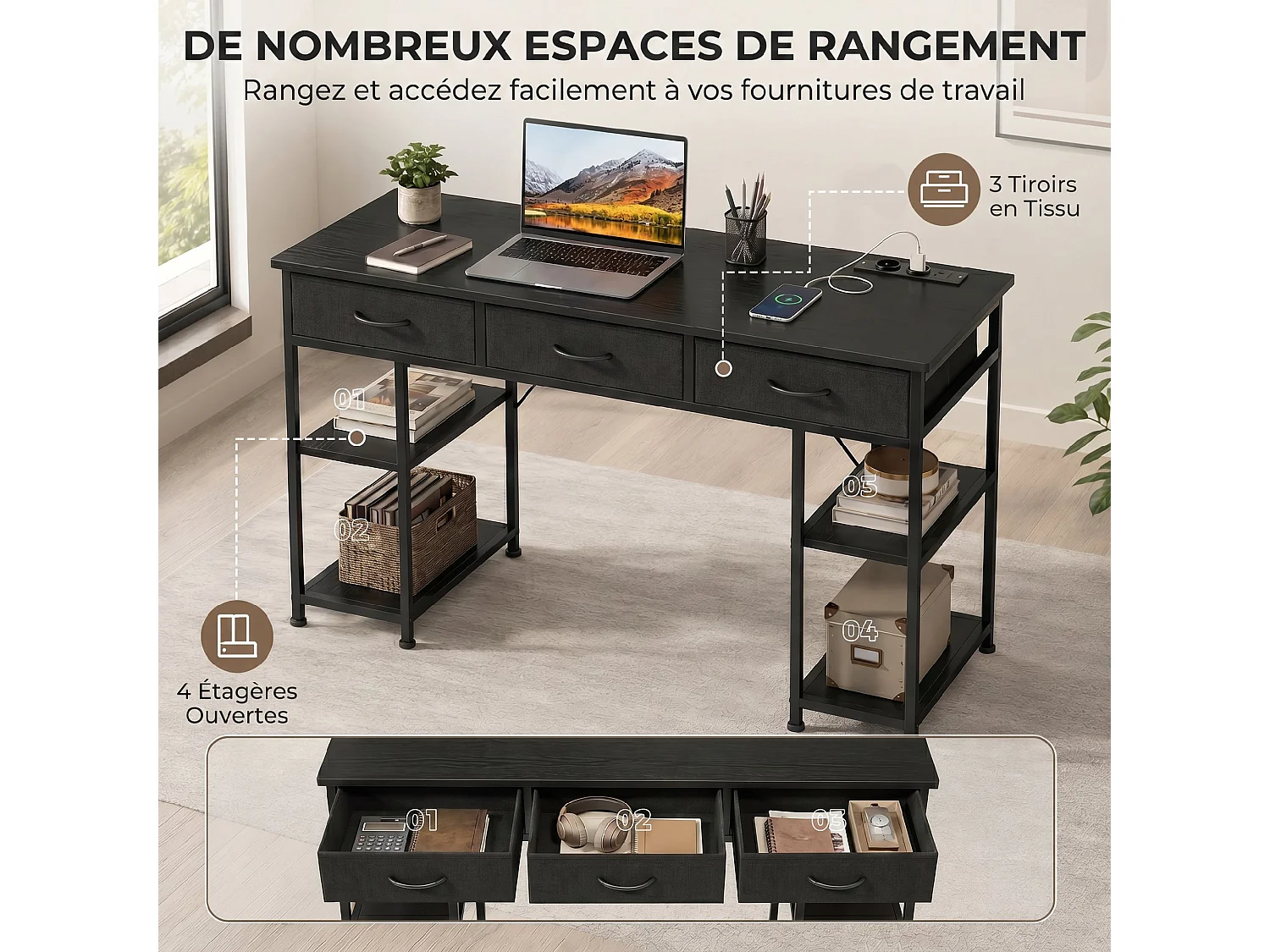 Bureau informatique multi-rangement total 4 prises acier tissu effet bois noir