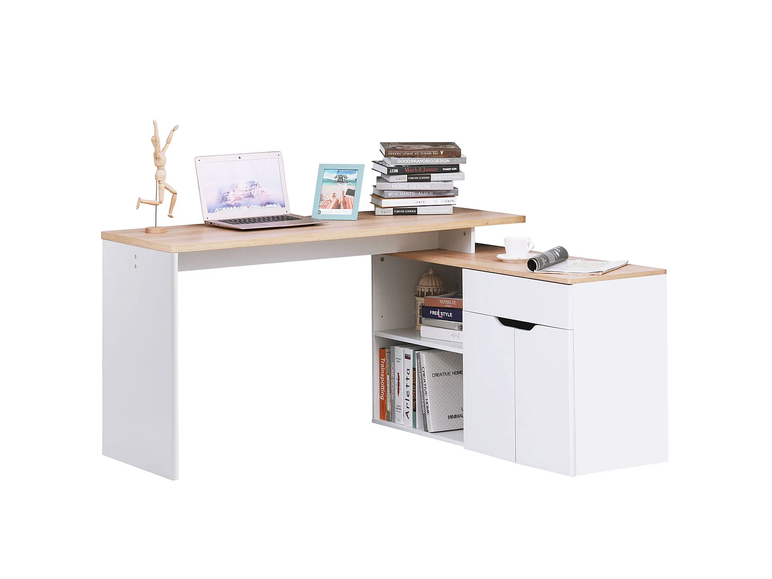 Bureau d'angle bureau informatique multimédia modulable multi-rangement aspect chêne clair blanc