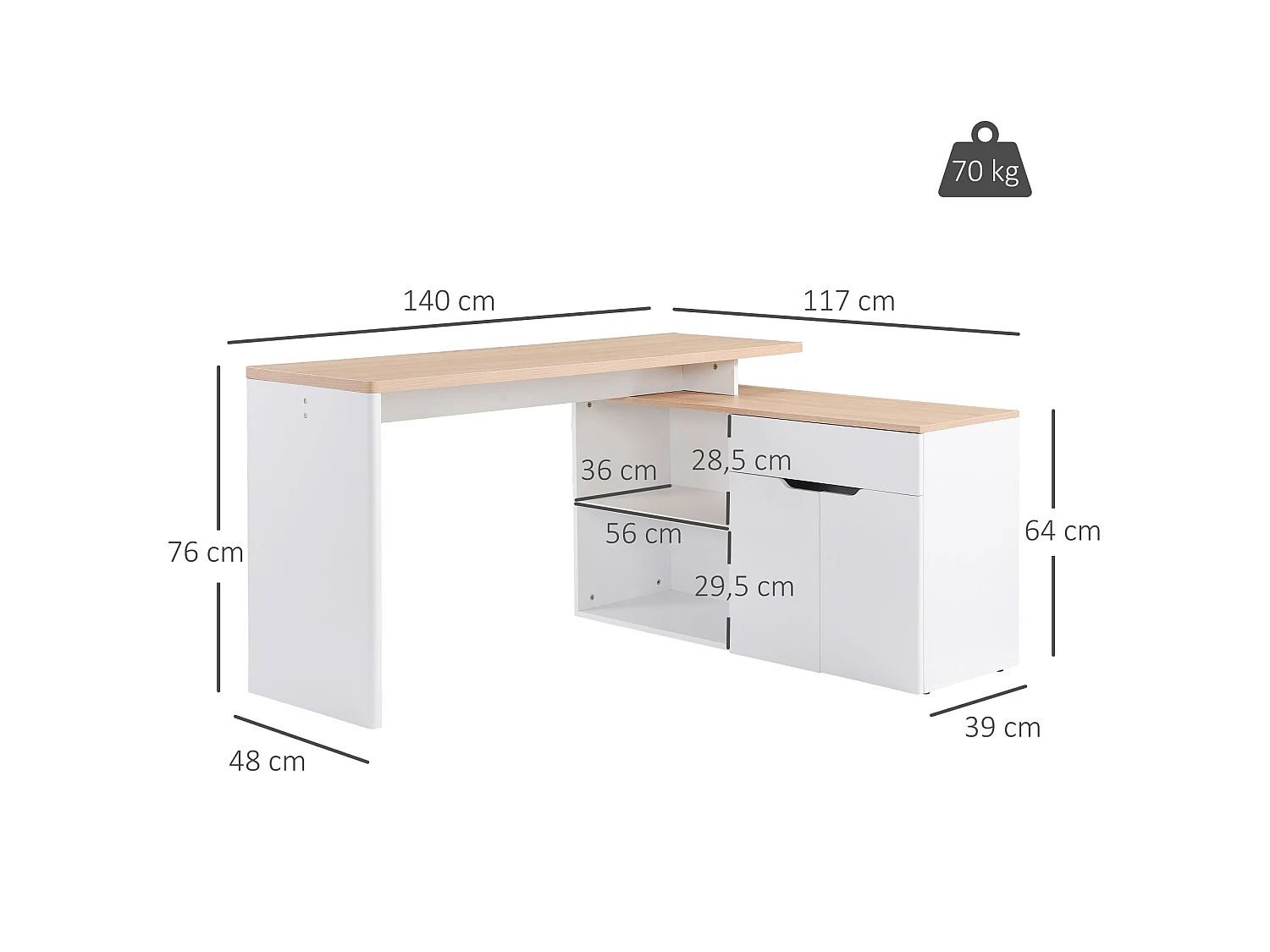 Bureau d'angle bureau informatique multimédia modulable multi-rangement aspect chêne clair blanc