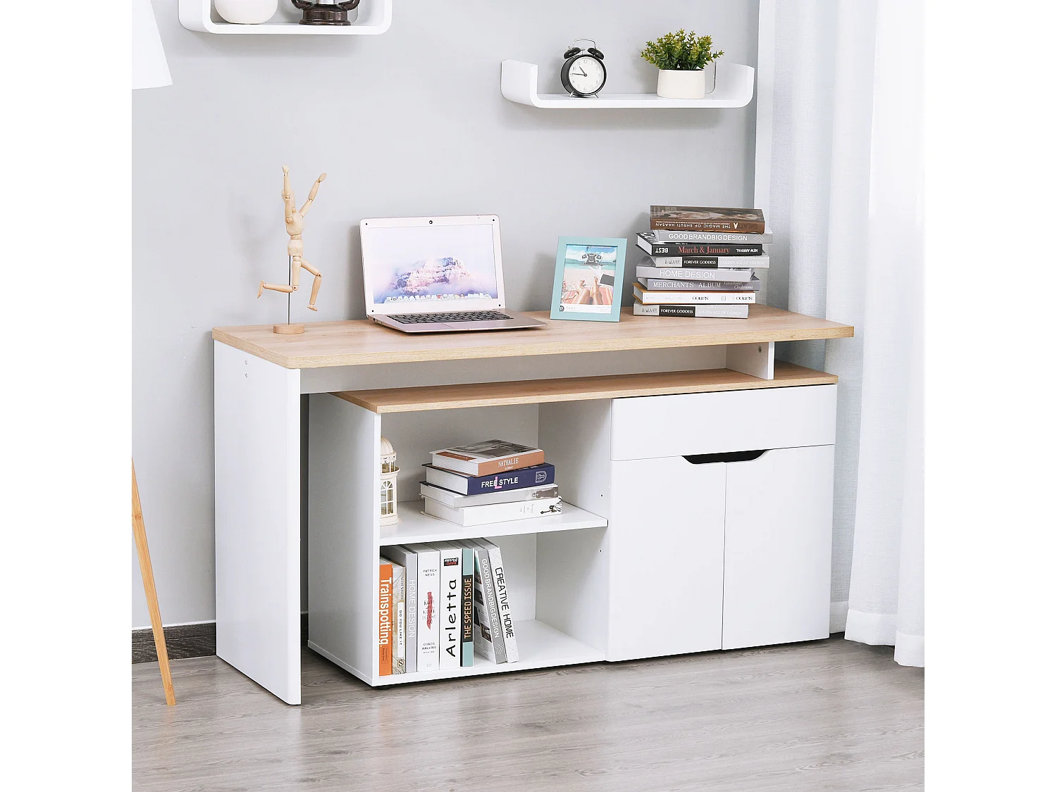 Bureau d'angle bureau informatique multimédia modulable multi-rangement aspect chêne clair blanc