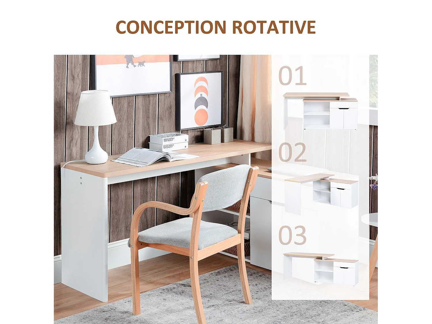 Bureau d'angle bureau informatique multimédia modulable multi-rangement aspect chêne clair blanc