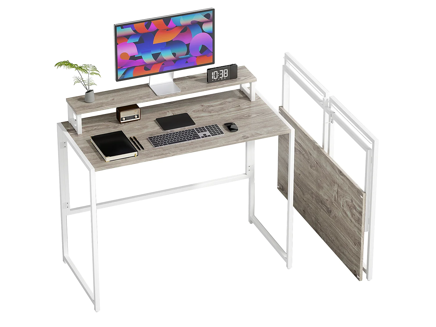 Bureau informatique - bureau pliable support écran intégré - acier blanc effet bois naturel