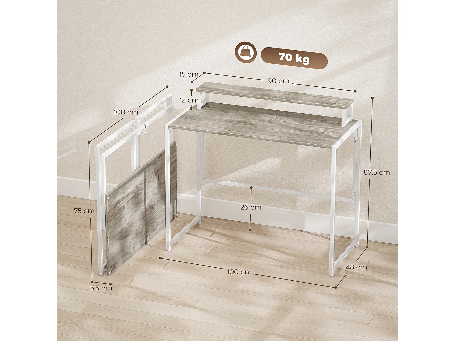 Bureau informatique - bureau pliable support écran intégré - acier blanc effet bois naturel