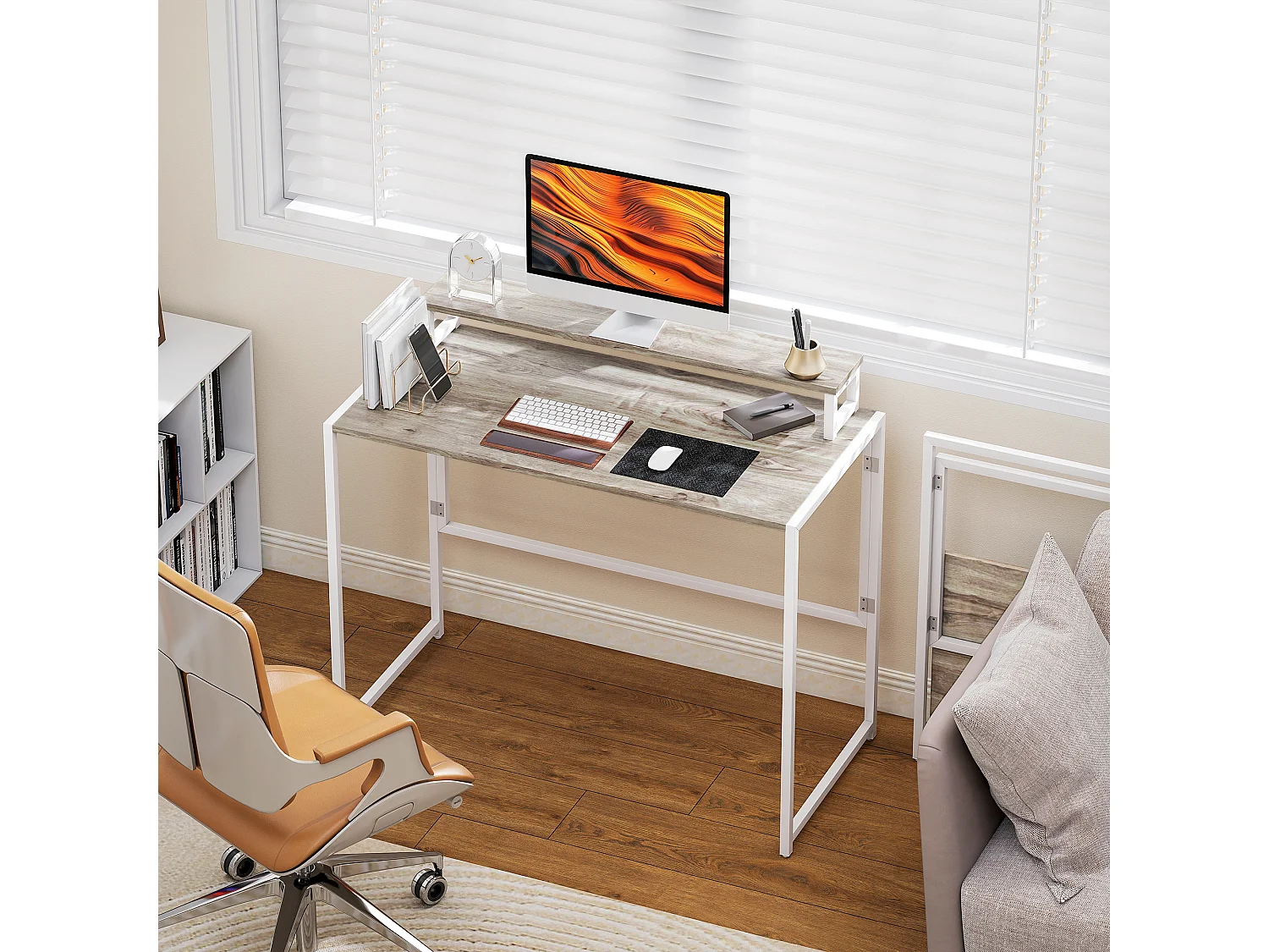 Bureau informatique - bureau pliable support écran intégré - acier blanc effet bois naturel