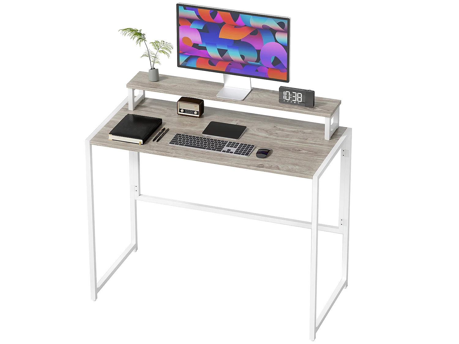 Bureau informatique - bureau pliable support écran intégré - acier blanc effet bois naturel