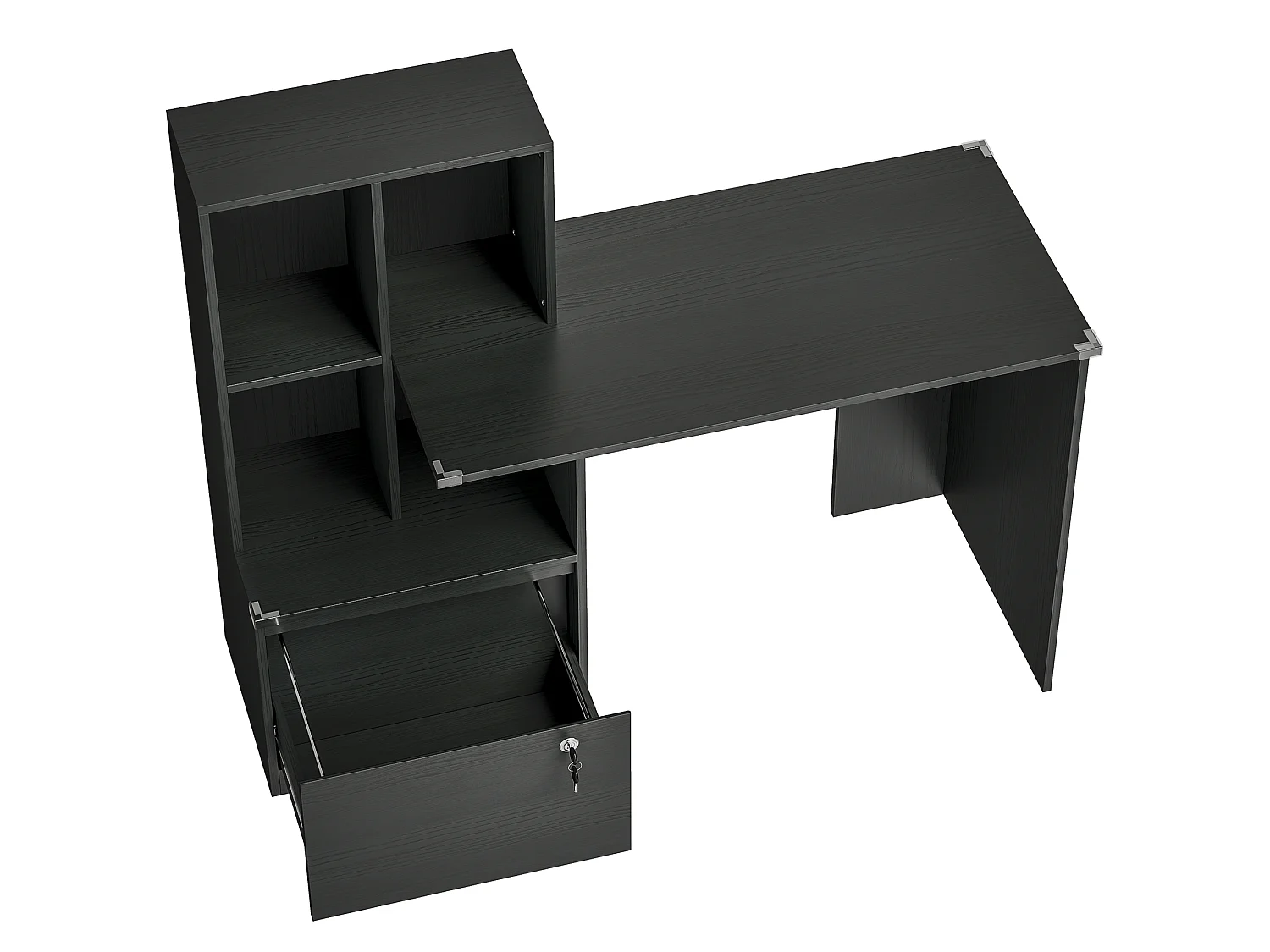 Bureau informatique multi-rangement - tiroir dossier suspendu, 4 niches - effet bois noir
