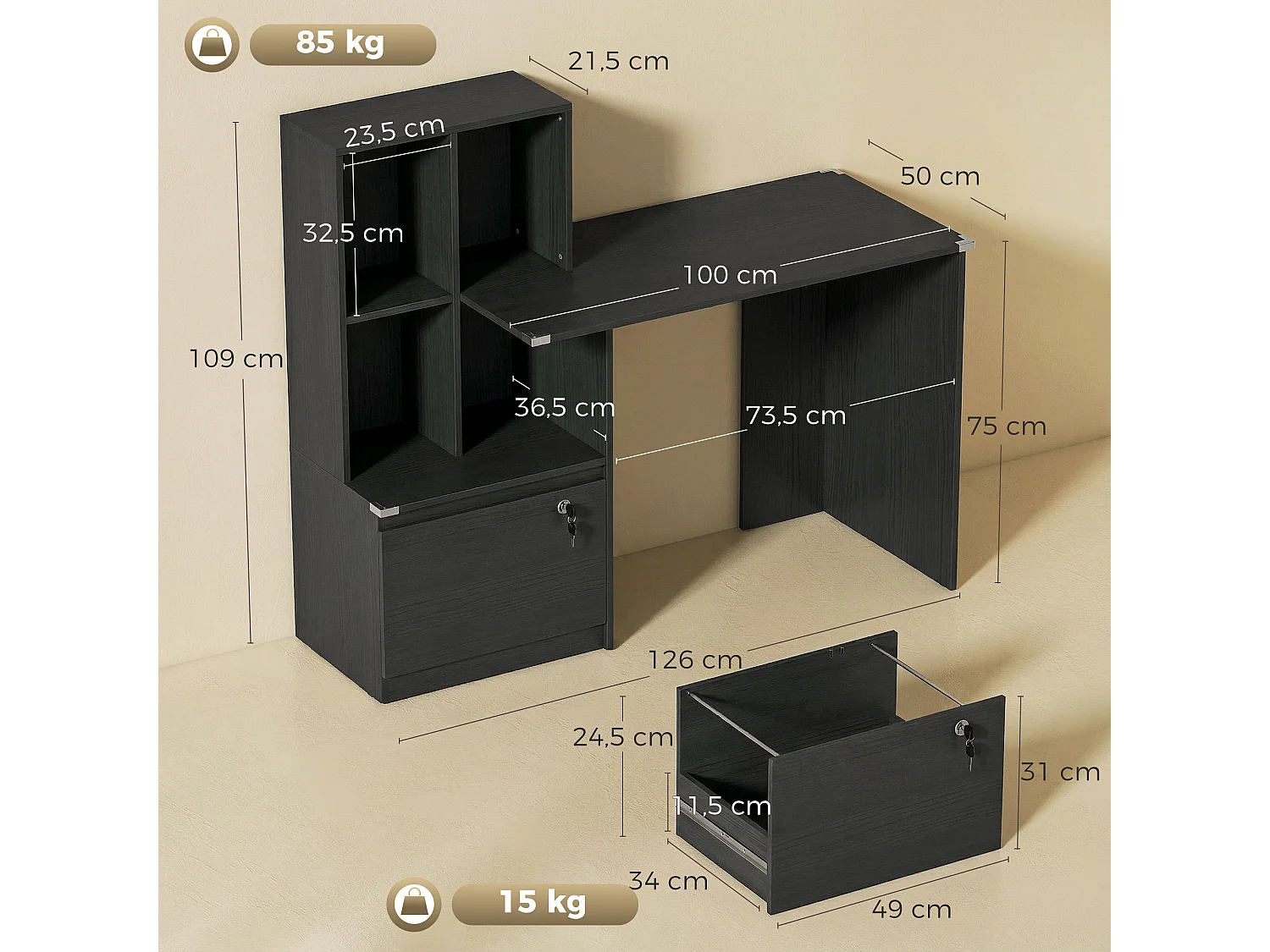 Bureau informatique multi-rangement - tiroir dossier suspendu, 4 niches - effet bois noir