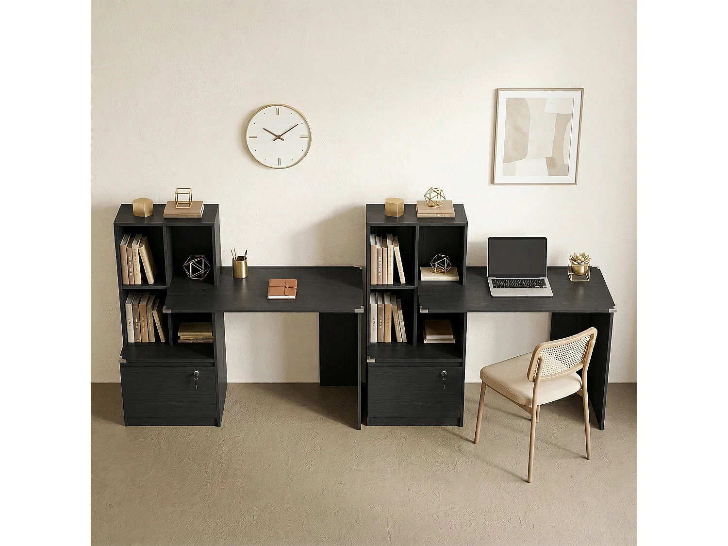 Bureau informatique multi-rangement - tiroir dossier suspendu, 4 niches - effet bois noir