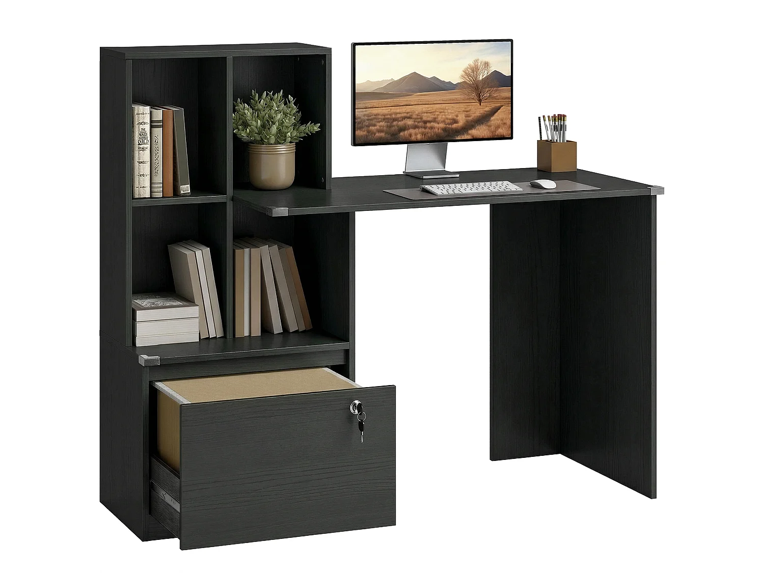 Bureau informatique multi-rangement - tiroir dossier suspendu, 4 niches - effet bois noir