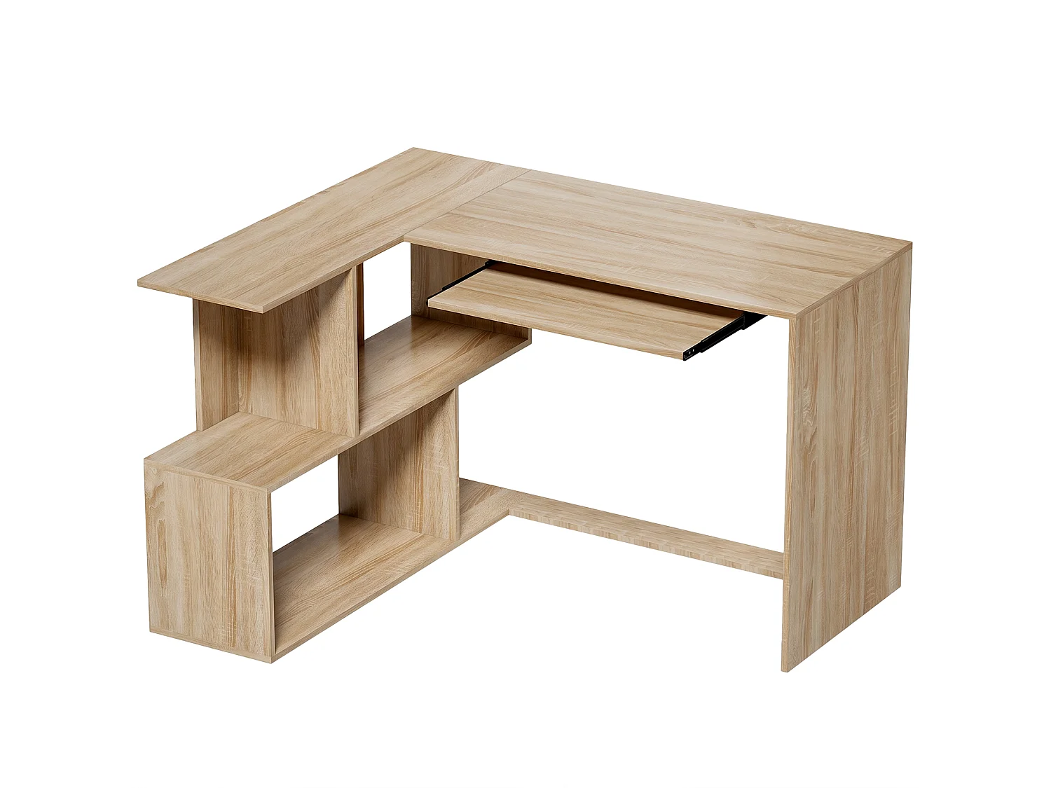 Bureau informatique - bureau d'angle 120 x 100 cm - tablette coulissante clavier, 4 niches - effet bois clair