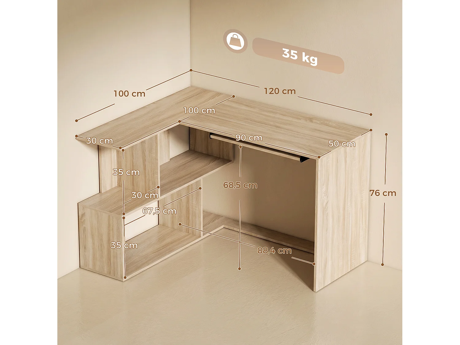 Bureau informatique - bureau d'angle 120 x 100 cm - tablette coulissante clavier, 4 niches - effet bois clair