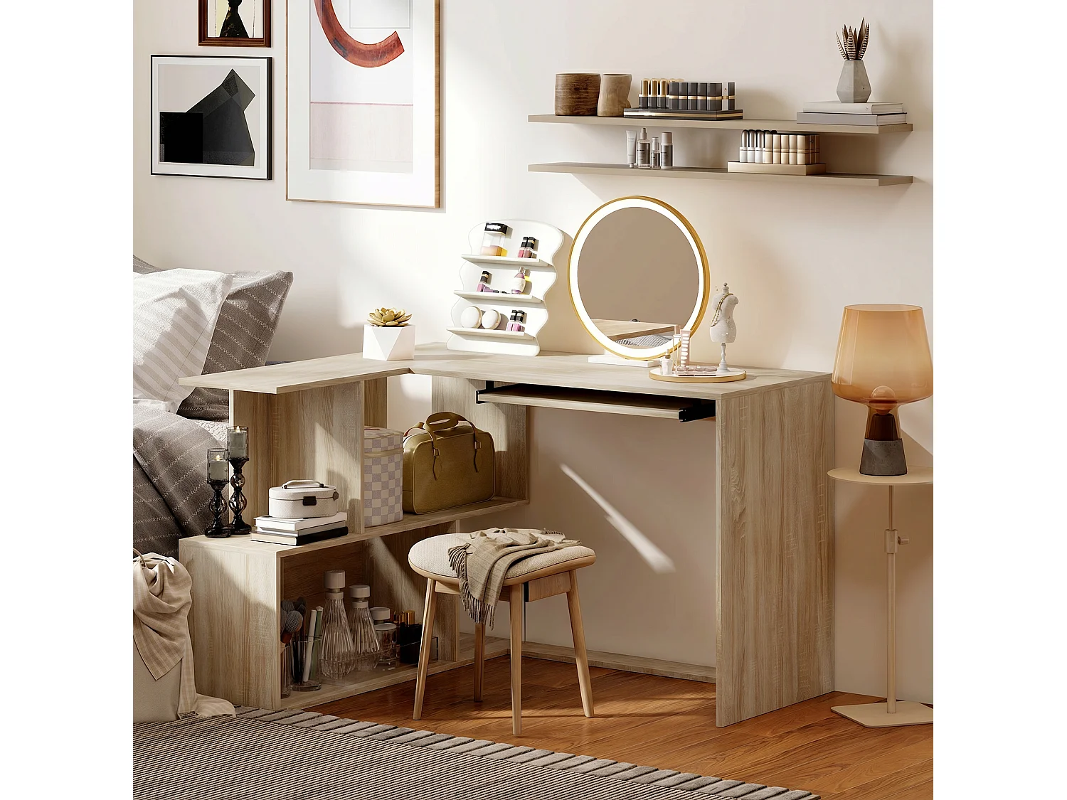 Bureau informatique - bureau d'angle 120 x 100 cm - tablette coulissante clavier, 4 niches - effet bois clair