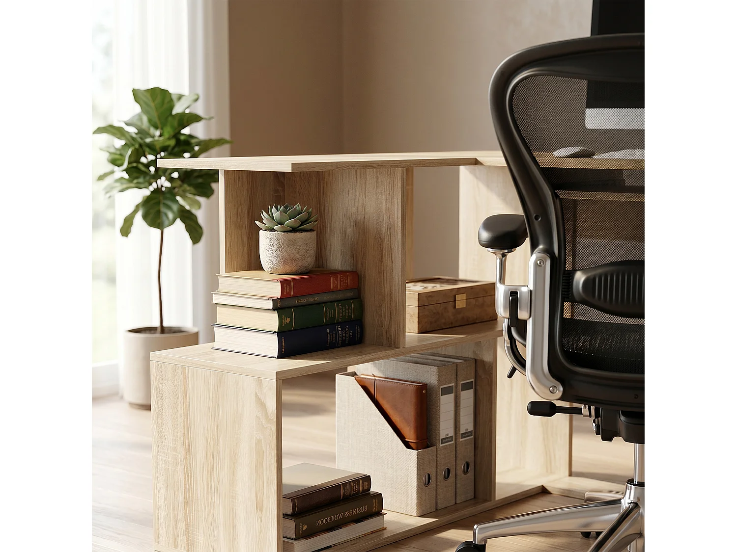 Bureau informatique - bureau d'angle 120 x 100 cm - tablette coulissante clavier, 4 niches - effet bois clair