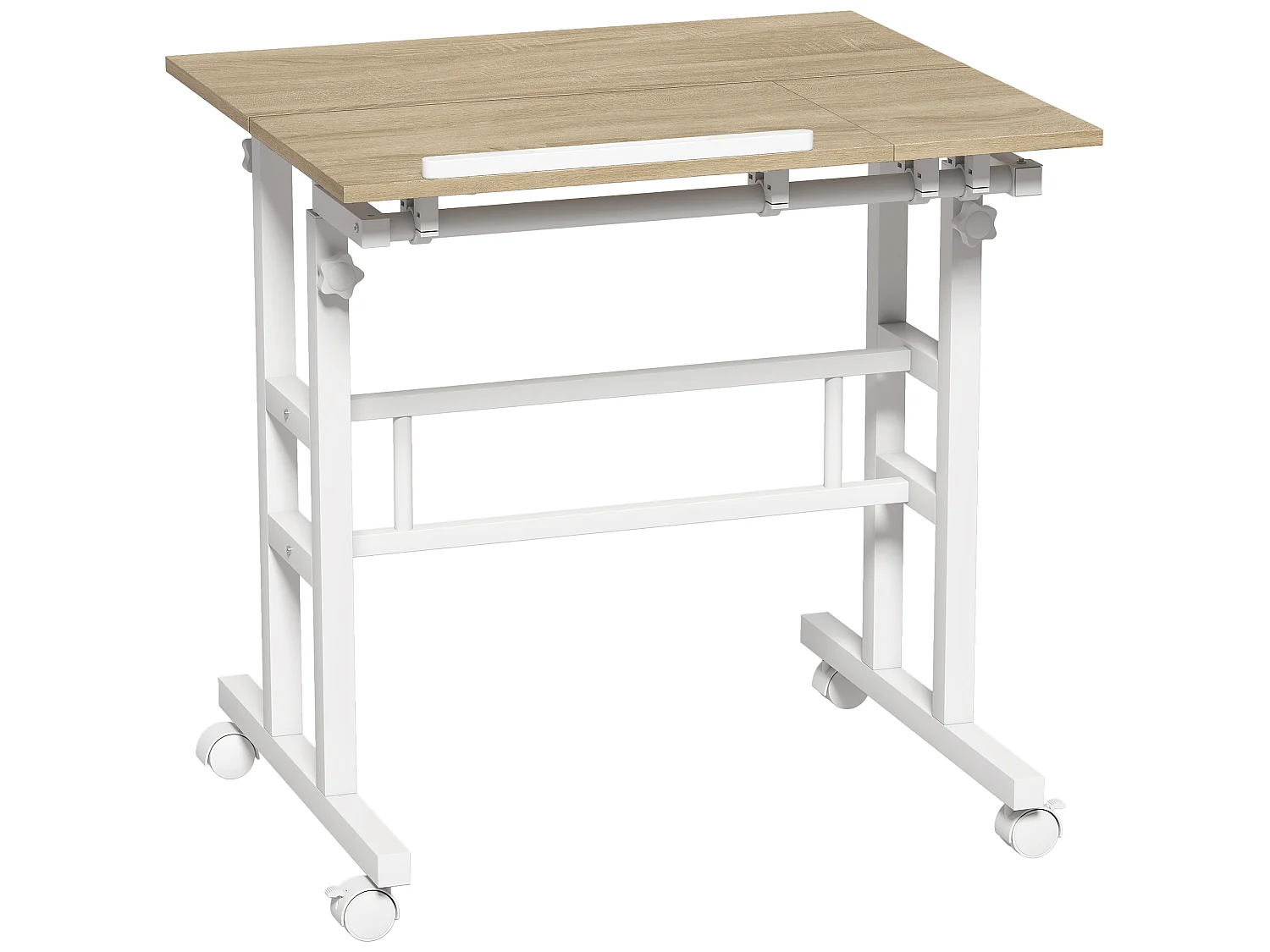 Bureau assis debout inclinable réglable H.70,5-120 cm mobile 3 plateaux métal blanc effet bois clair