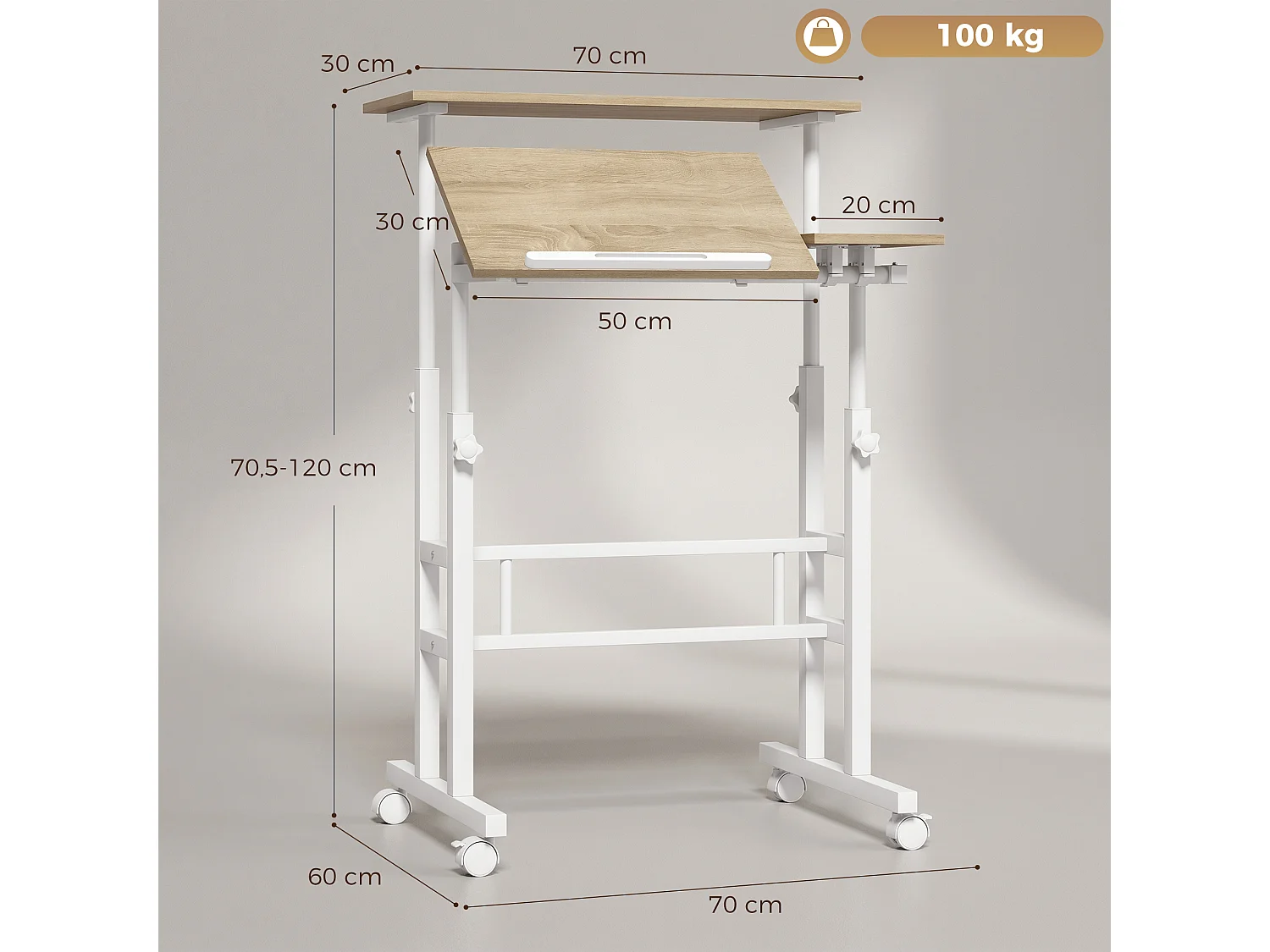 Bureau assis debout inclinable réglable H.70,5-120 cm mobile 3 plateaux métal blanc effet bois clair