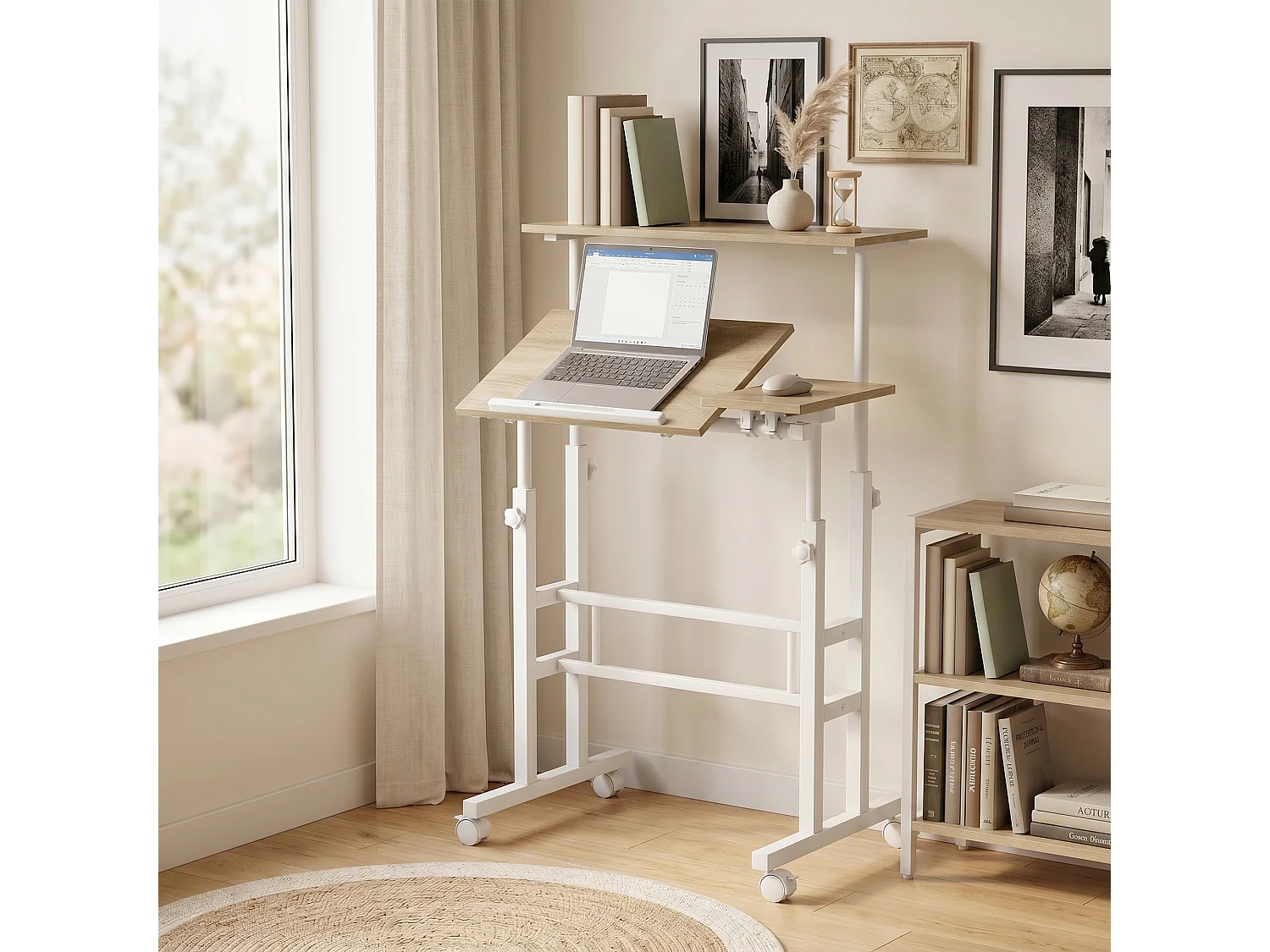 Bureau assis debout inclinable réglable H.70,5-120 cm mobile 3 plateaux métal blanc effet bois clair