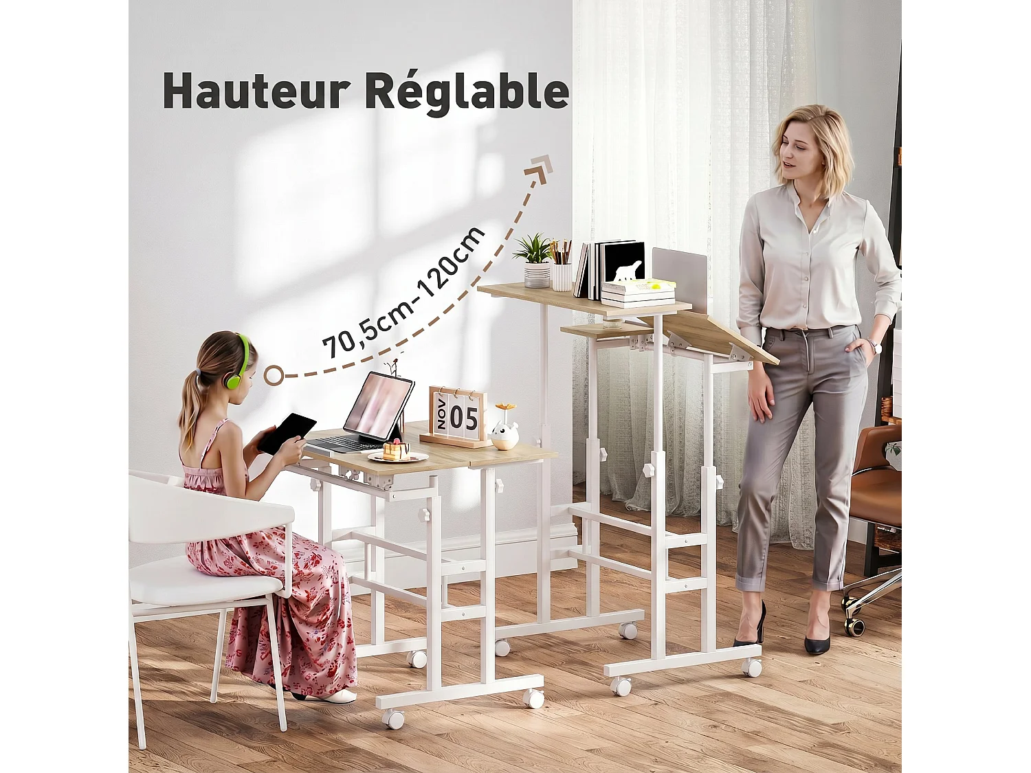Bureau assis debout inclinable réglable H.70,5-120 cm mobile 3 plateaux métal blanc effet bois clair