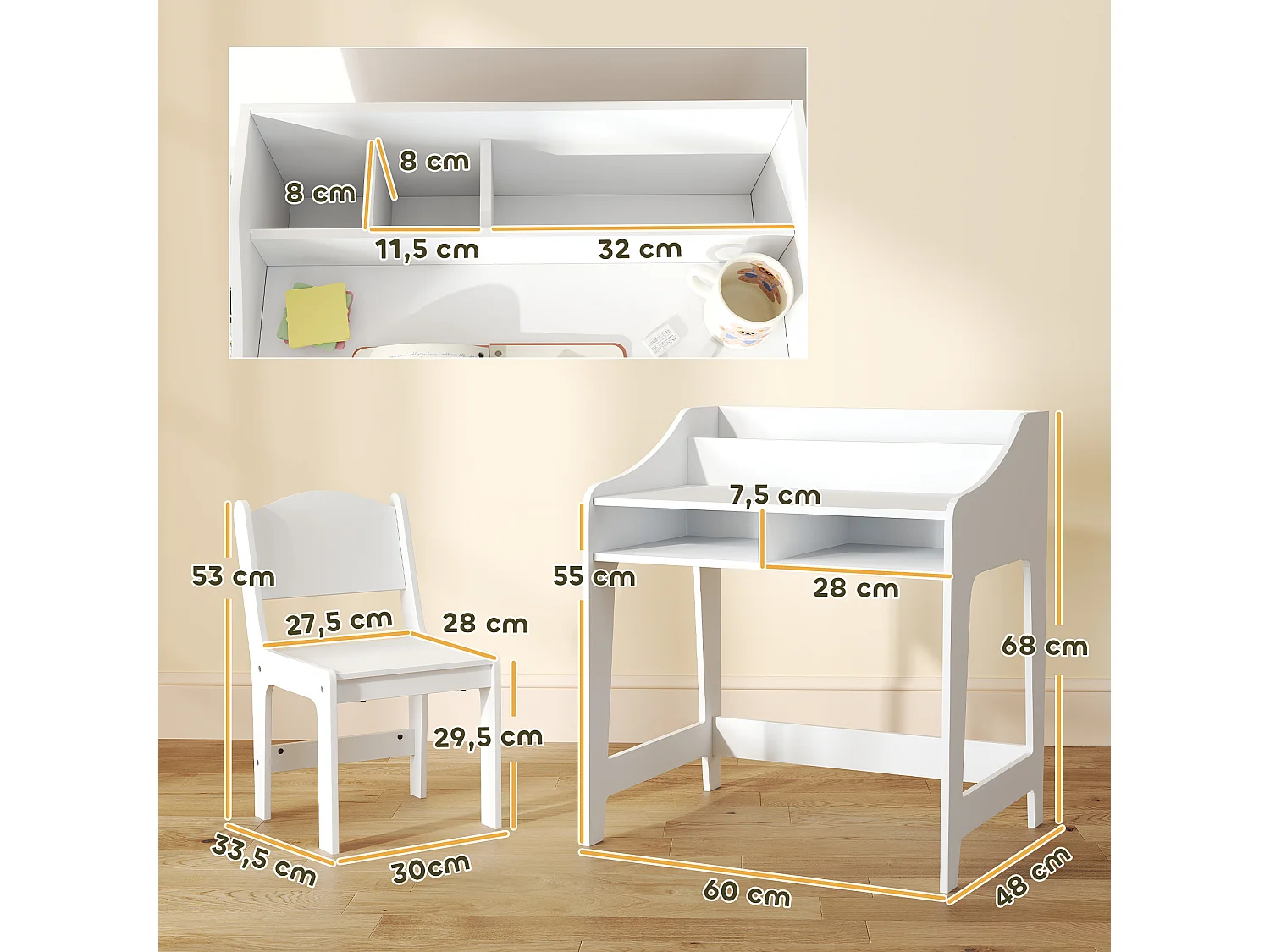 Ensemble bureau et chaise enfant 3-8 ans - 5 compartiments de rangement - blanc