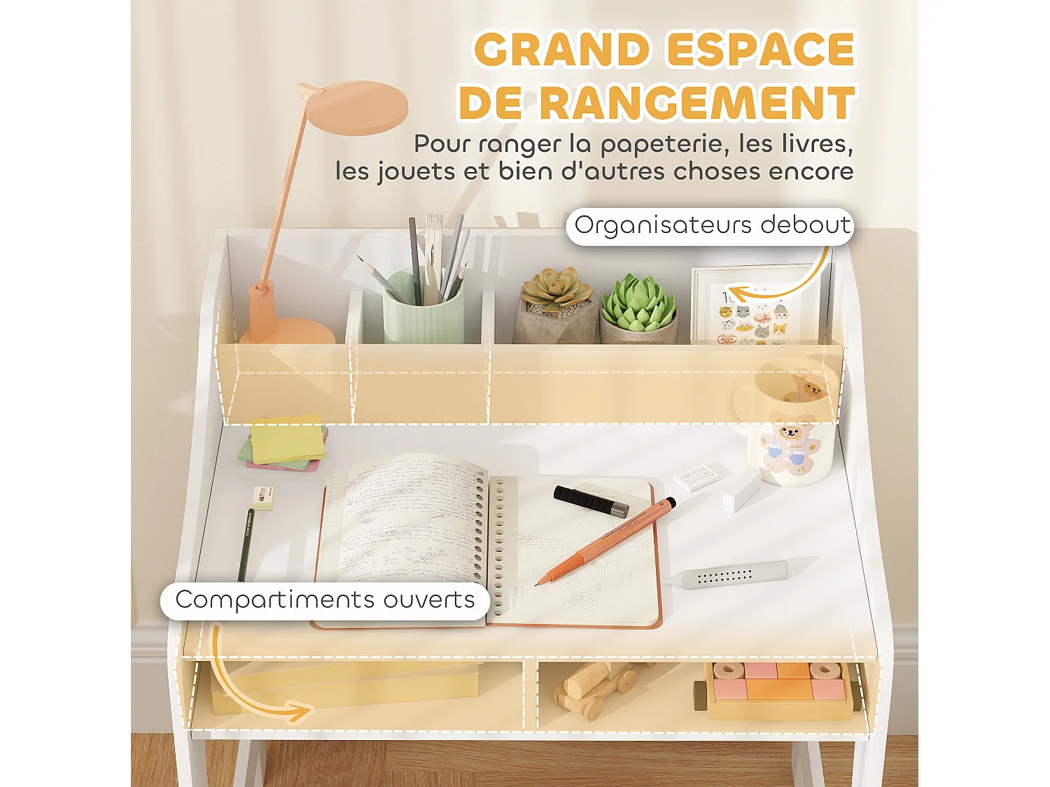 Ensemble bureau et chaise enfant 3-8 ans - 5 compartiments de rangement - blanc
