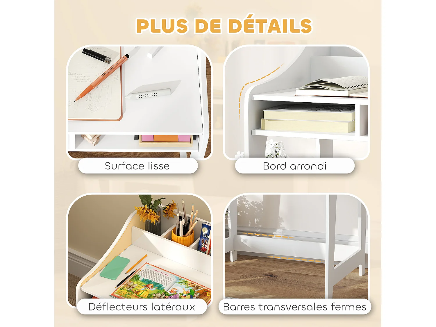 Ensemble bureau et chaise enfant 3-8 ans - 5 compartiments de rangement - blanc