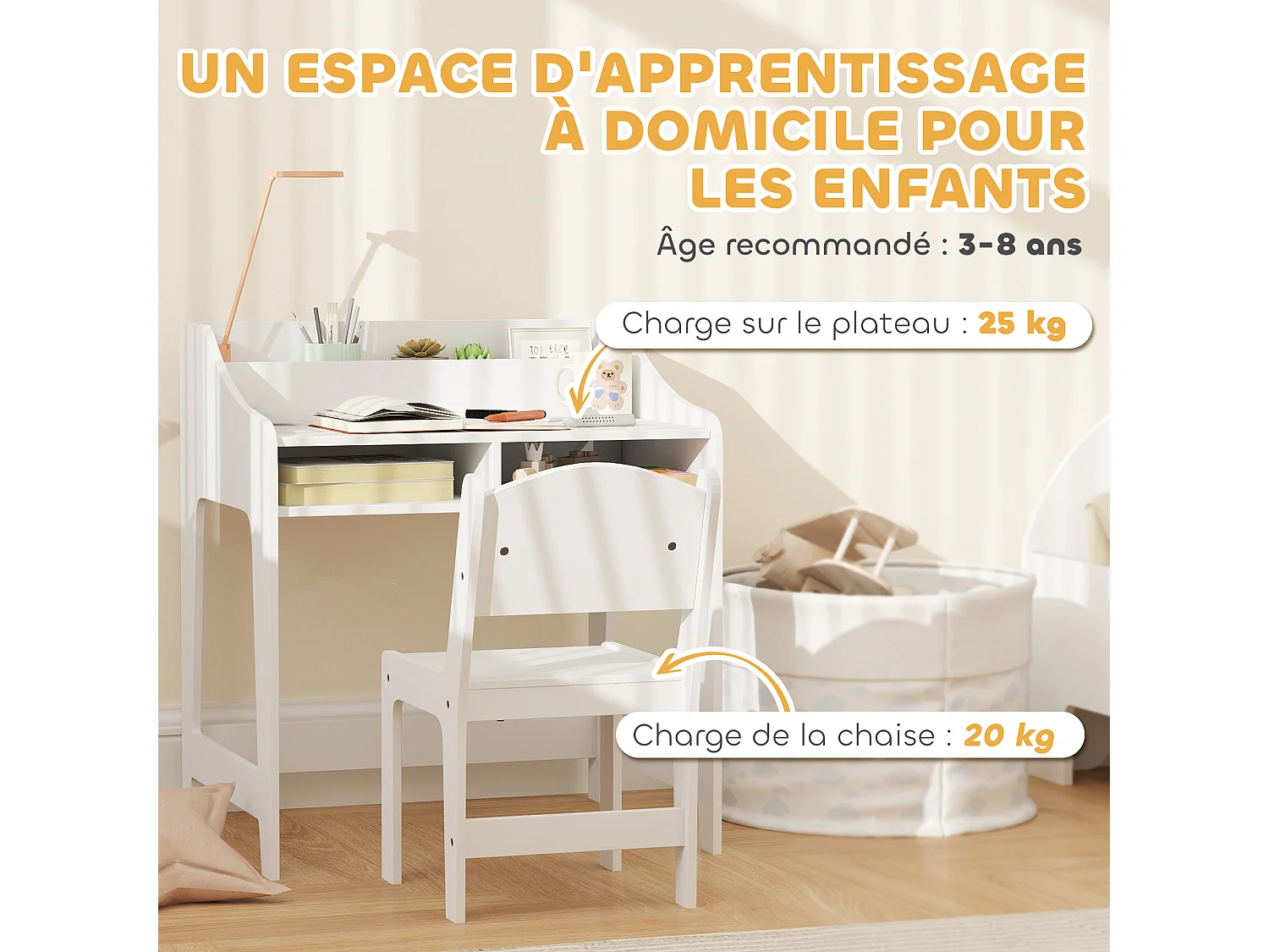 Ensemble bureau et chaise enfant 3-8 ans - 5 compartiments de rangement - blanc