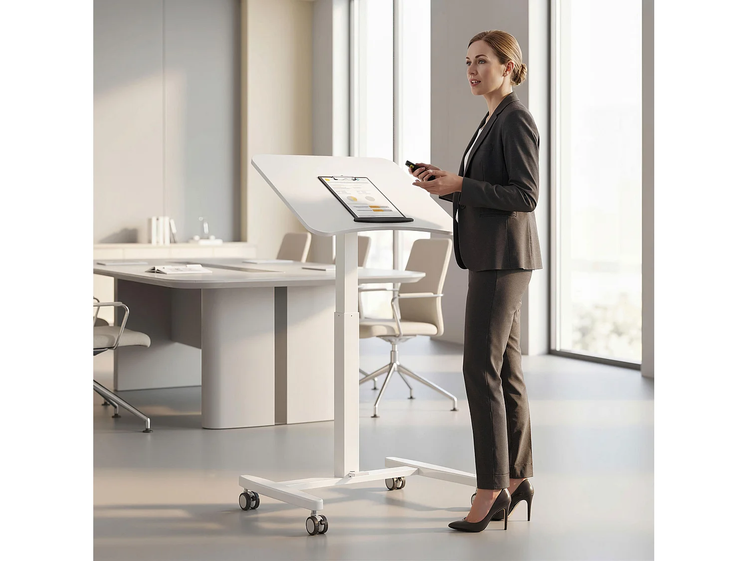 Bureau assis-debout mobile réglable table de lit 2 en 1 plateau inclinable blanc