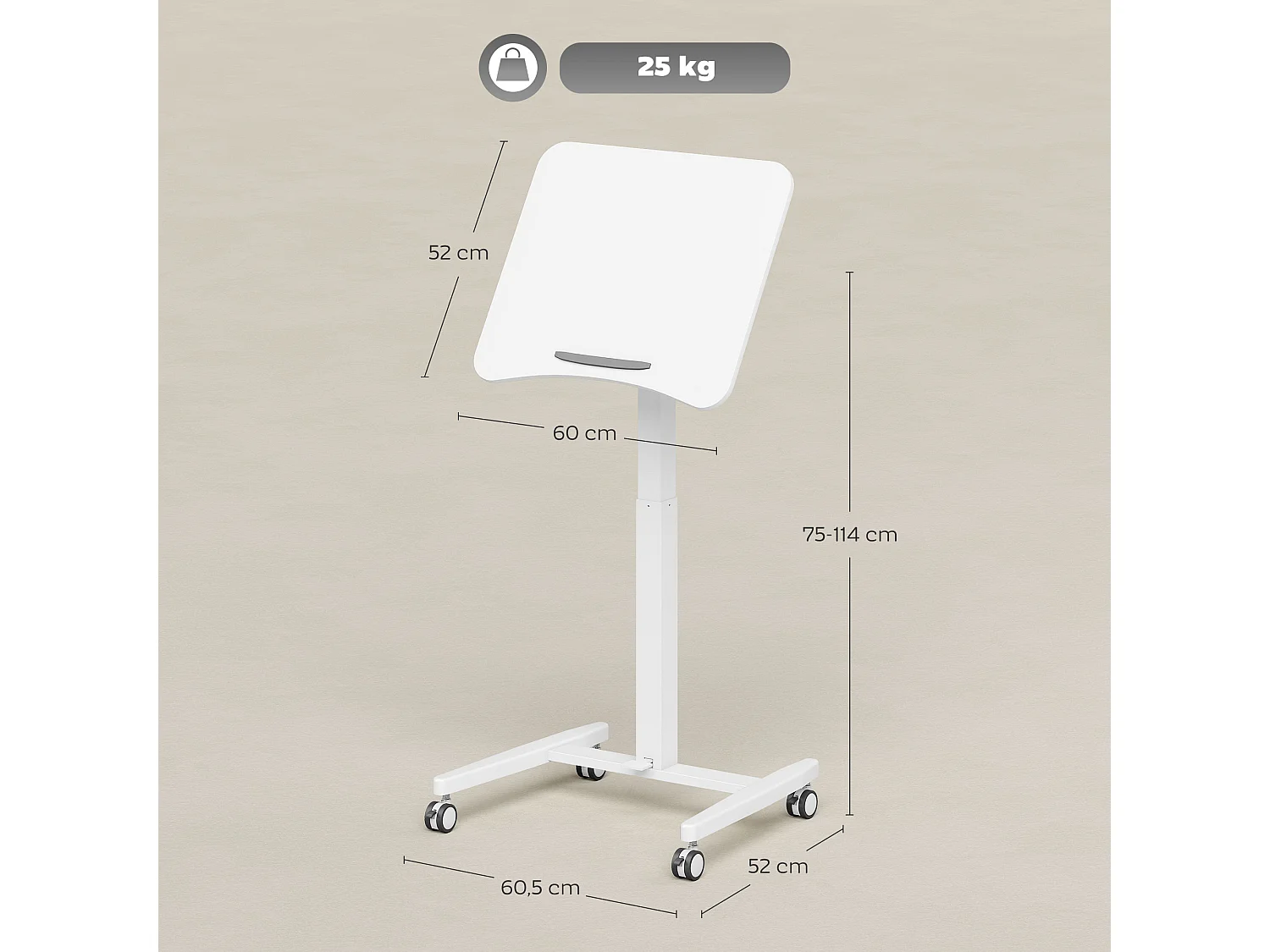 Bureau assis-debout mobile réglable table de lit 2 en 1 plateau inclinable blanc