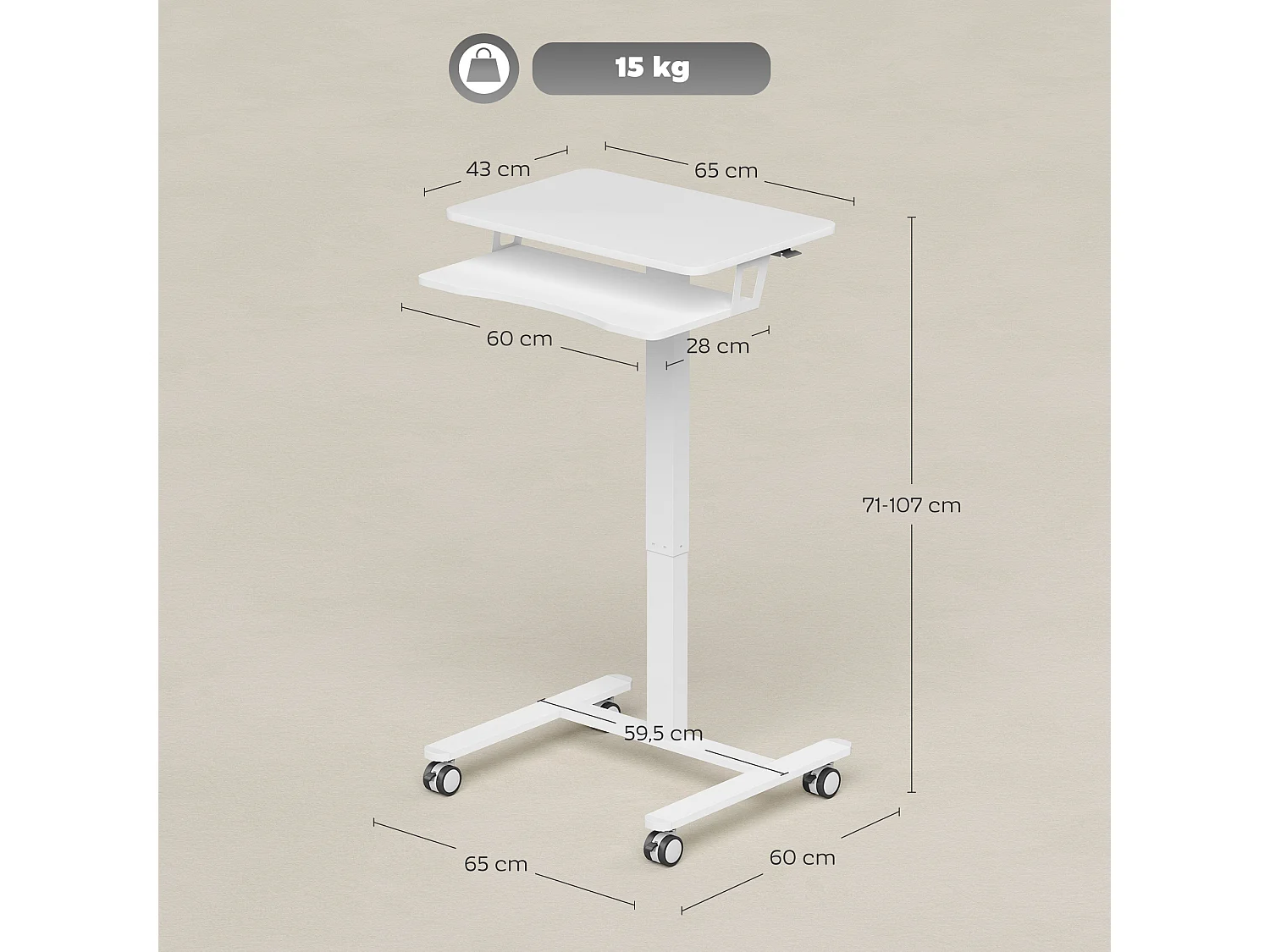 Bureau assis-debout mobile réglable table de lit 2 en 1 acier MDF blanc