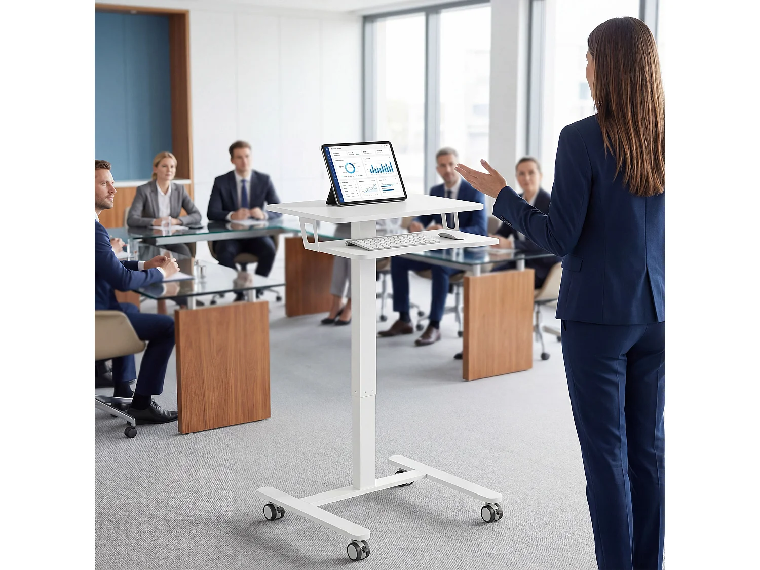 Bureau assis-debout mobile réglable table de lit 2 en 1 acier MDF blanc