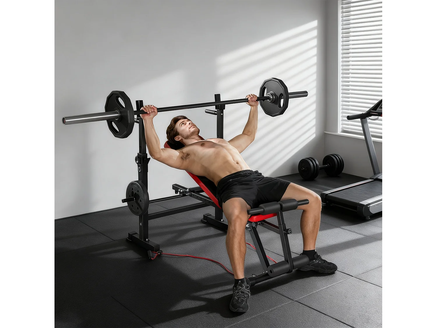 Banc de musculation réglable - support de barre, poignées à dips, bandes de résistance - rouge noir