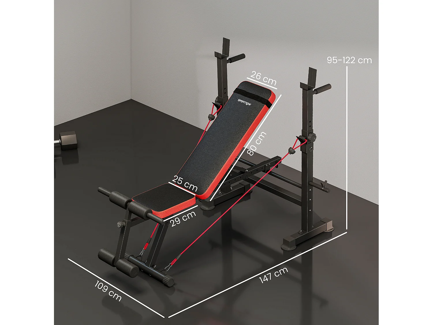 Banc de musculation réglable - support de barre, poignées à dips, bandes de résistance - rouge noir