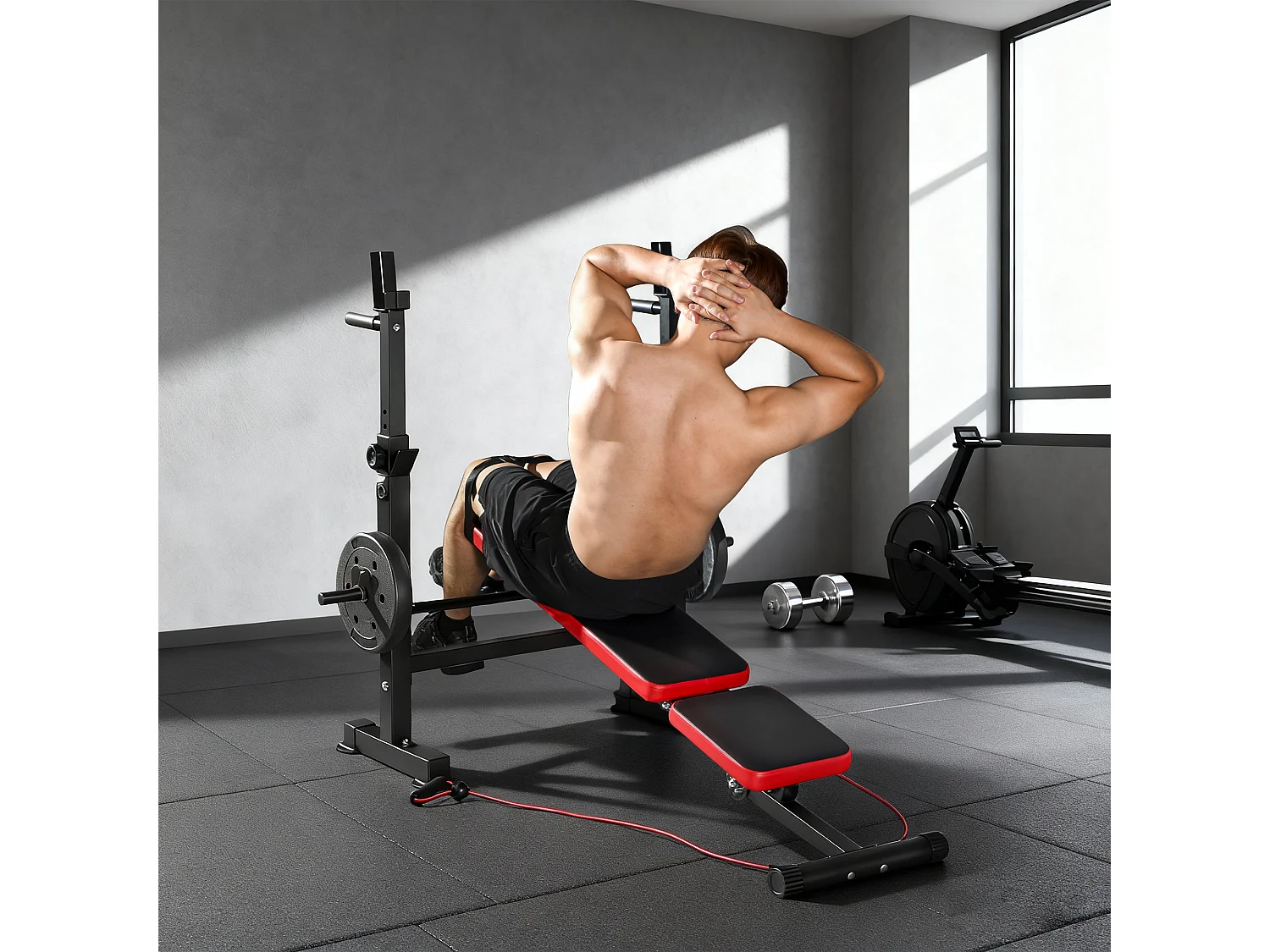 Banc de musculation réglable - support de barre, poignées à dips, bandes de résistance - rouge noir