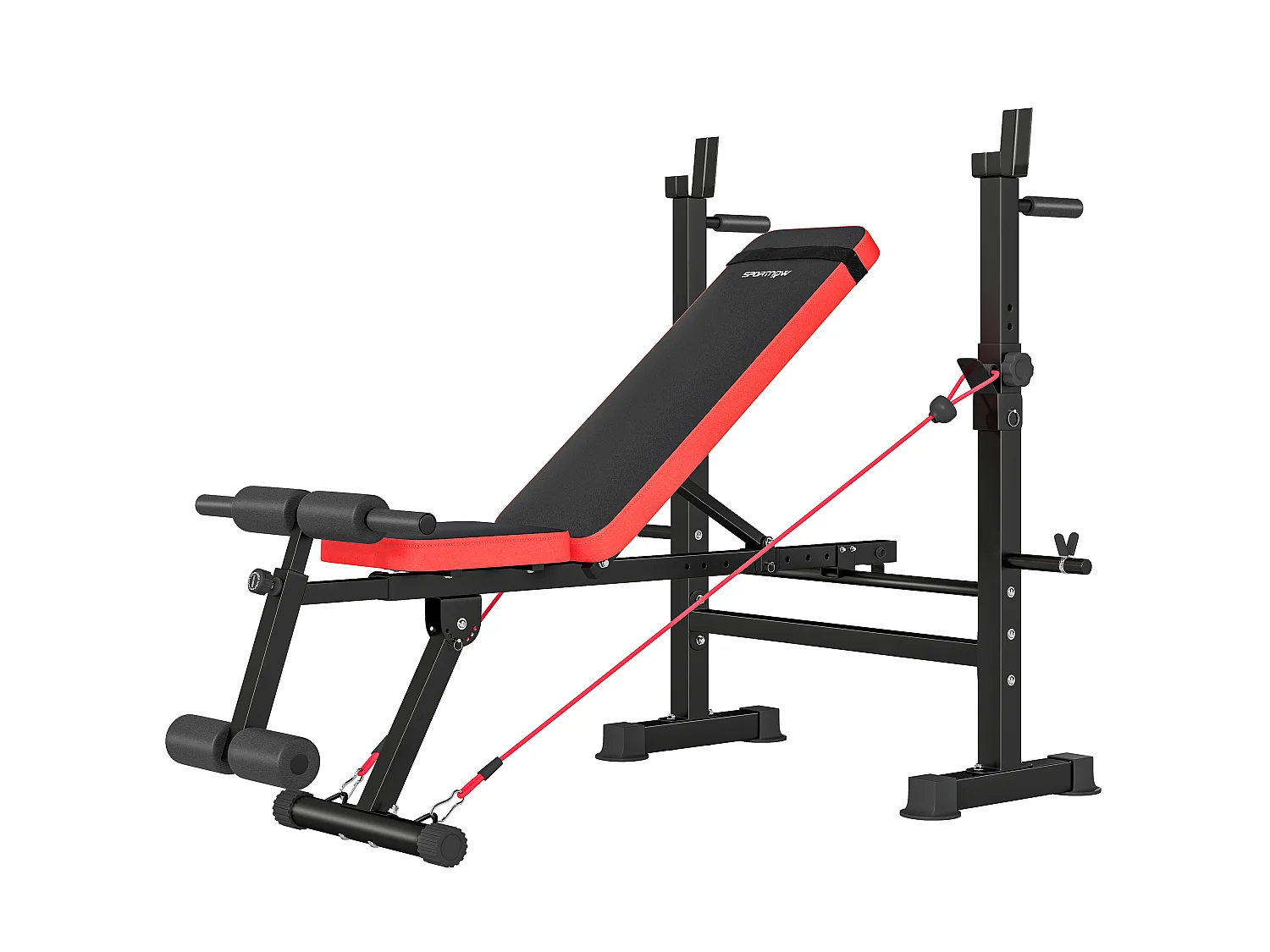 Banc de musculation réglable - support de barre, poignées à dips, bandes de résistance - rouge noir