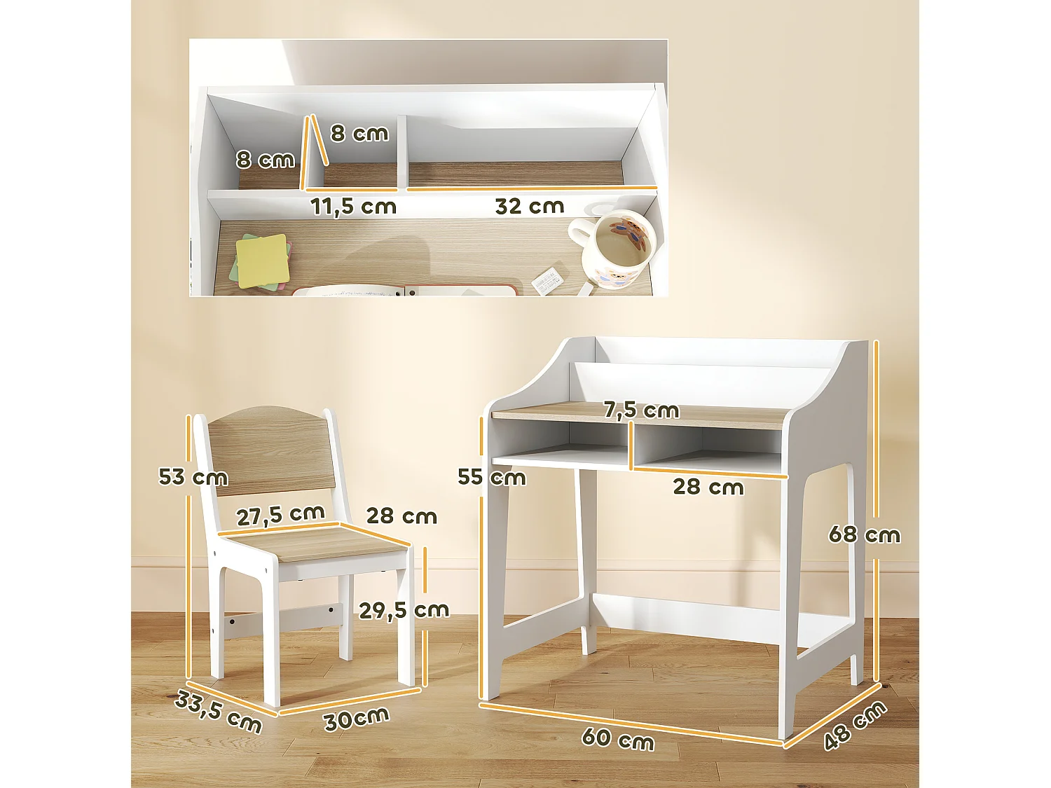 Ensemble bureau et chaise enfant 3-8 ans - 5 compartiments de rangement - blanc effet bois naturel