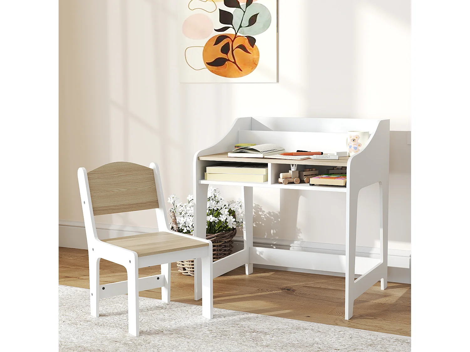Ensemble bureau et chaise enfant 3-8 ans - 5 compartiments de rangement - blanc effet bois naturel