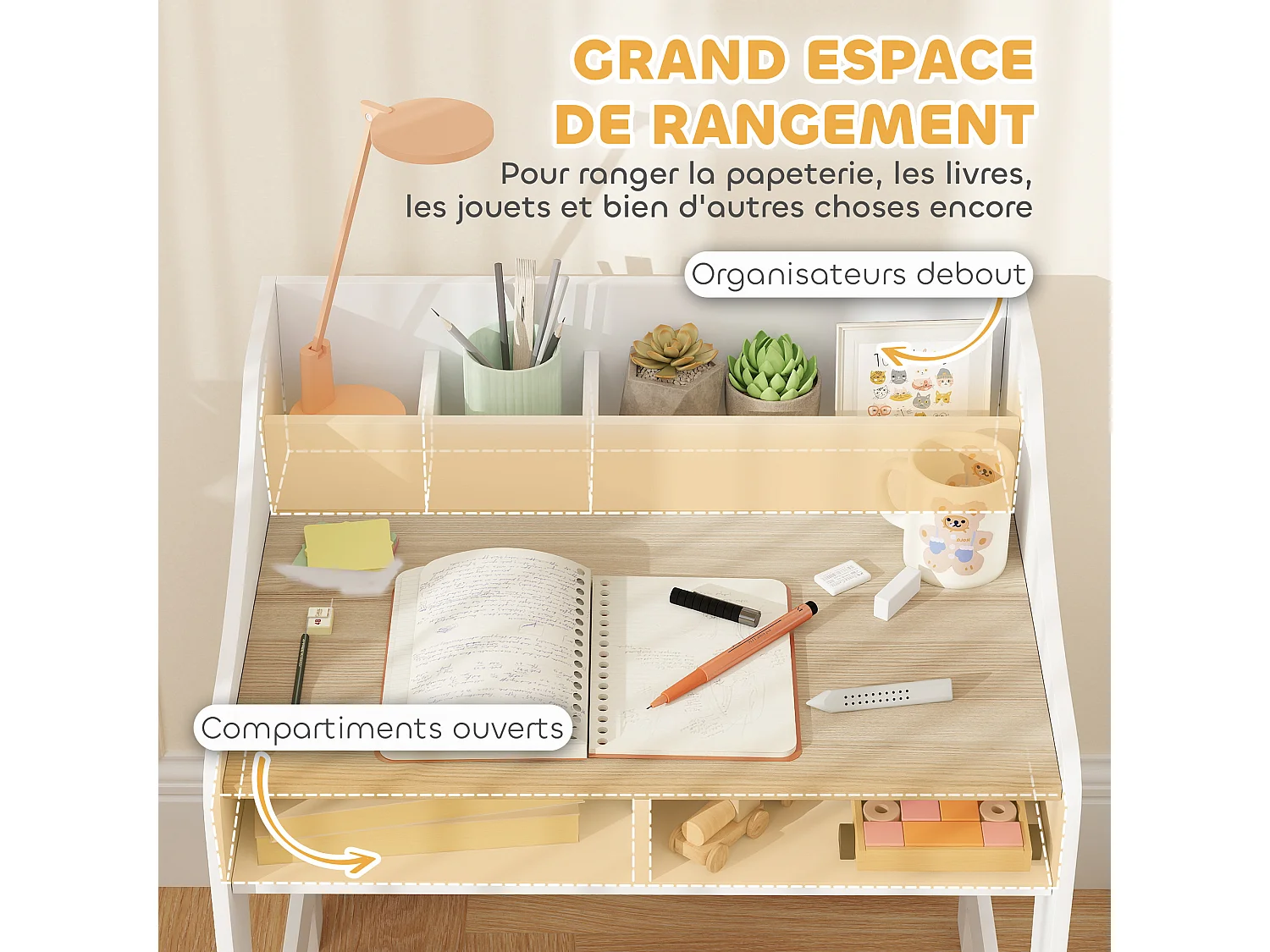 Ensemble bureau et chaise enfant 3-8 ans - 5 compartiments de rangement - blanc effet bois naturel